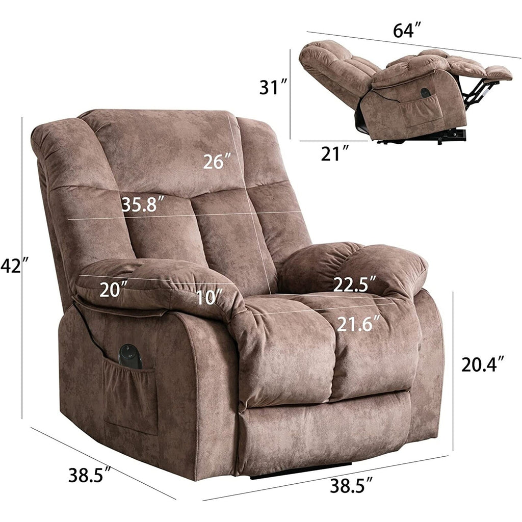 Fauteuil inclinable électrique rembourré en velours pour personnes âgées avec télécommande et poches de rangement latérales