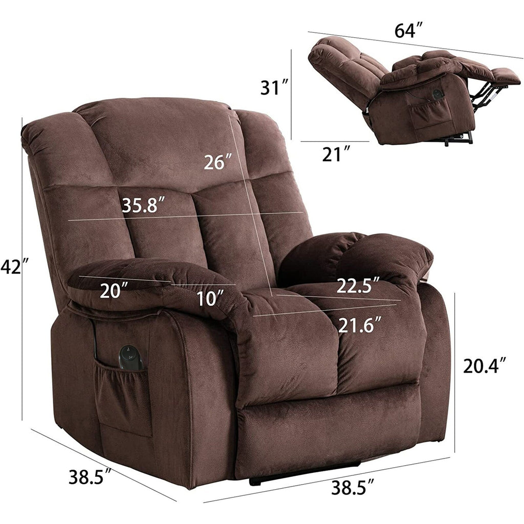Fauteuil inclinable électrique rembourré en velours pour personnes âgées avec télécommande et poches de rangement latérales