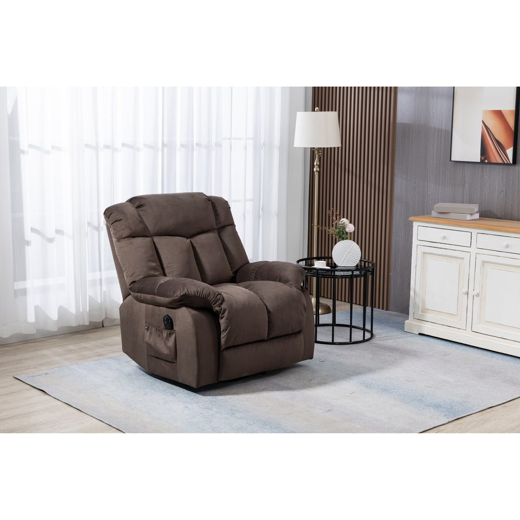 Fauteuil inclinable électrique rembourré en velours pour personnes âgées avec télécommande et poches de rangement latérales