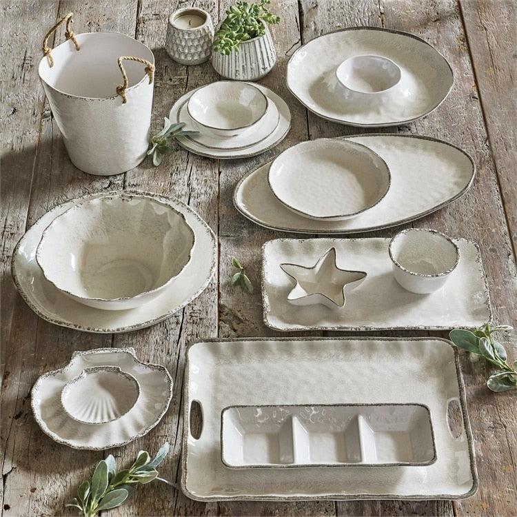 Ensemble de 4 assiettes de table en mélamine solide émaillée craquelée Veranda de 10,75 po, lavables au lave-vaisselle, pour l'intérieur et l'extérieur, couleur ivoire