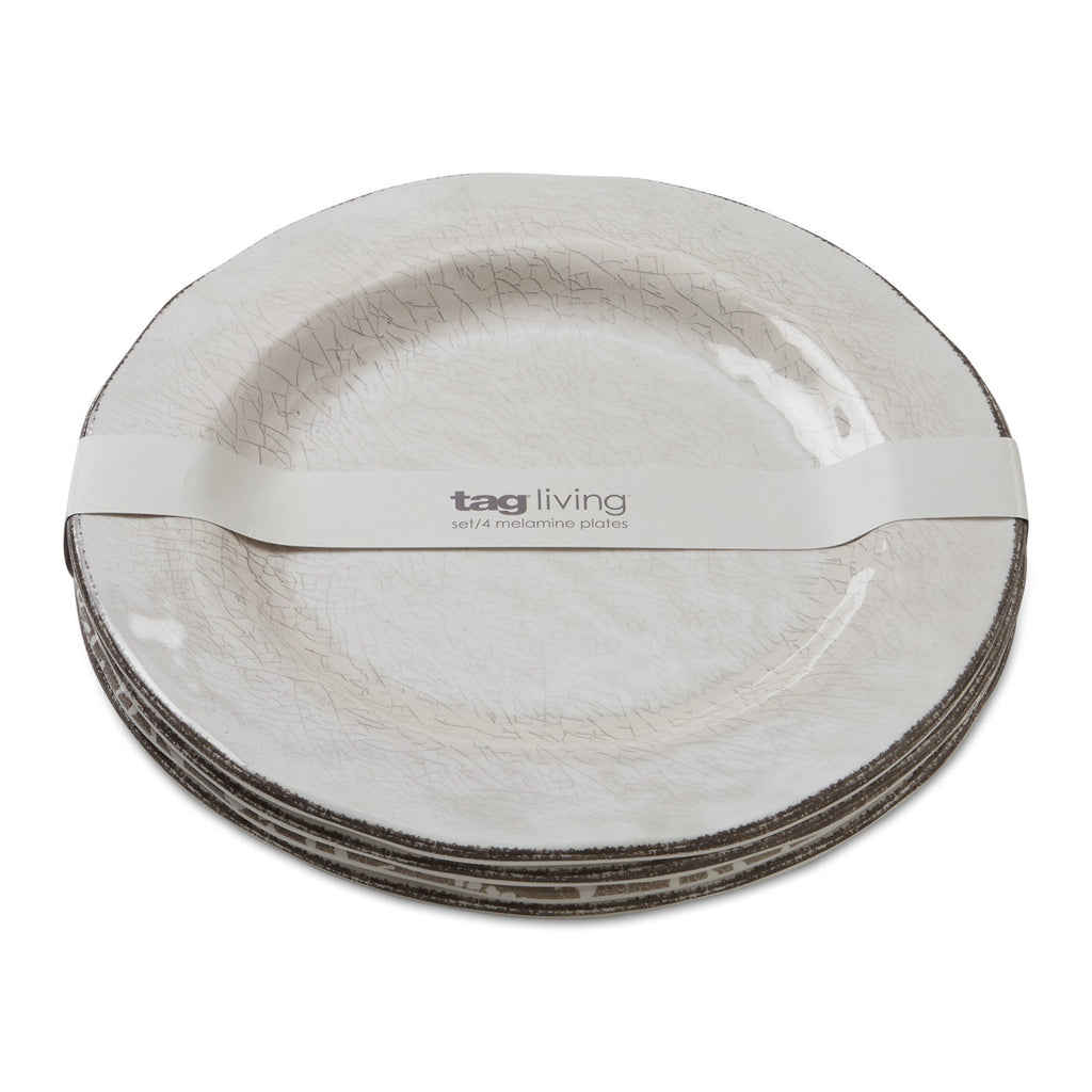Ensemble de 4 assiettes de table en mélamine solide émaillée craquelée Veranda de 10,75 po, lavables au lave-vaisselle, pour l'intérieur et l'extérieur, couleur ivoire