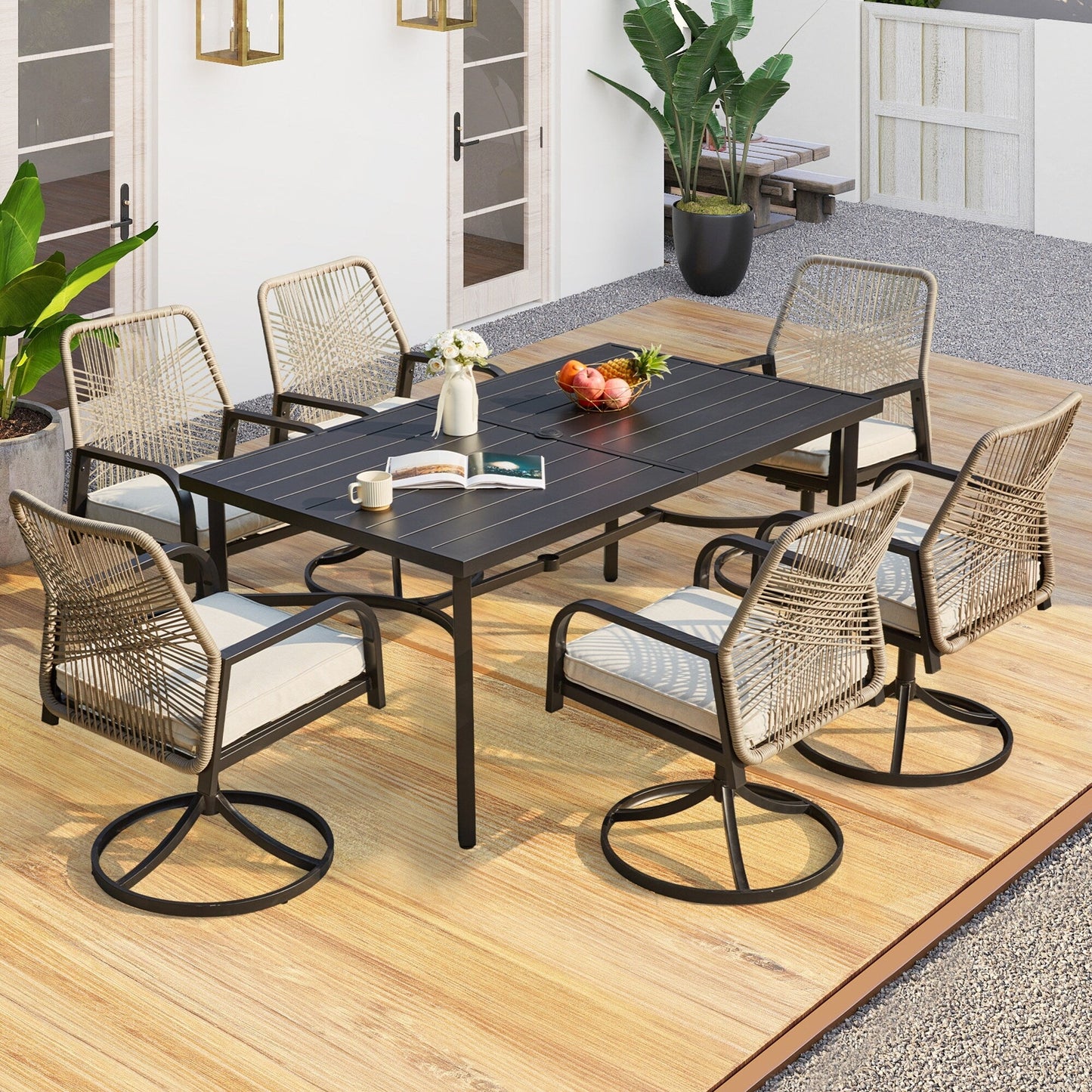 Ensembles de salle à manger d'extérieur polyvalents avec chaises pivotantes/pliantes, table à lattes en acier et table à manger en PEHD pour jardins et terrasses