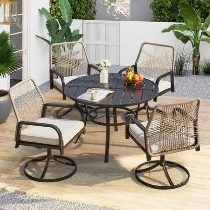 Ensembles de salle à manger d'extérieur polyvalents avec chaises pivotantes/pliantes, table à lattes en acier et table à manger en PEHD pour jardins et terrasses