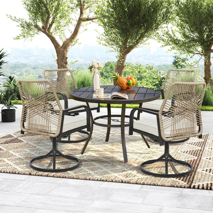 Ensembles de salle à manger d'extérieur polyvalents avec chaises pivotantes/pliantes, table à lattes en acier et table à manger en PEHD pour jardins et terrasses