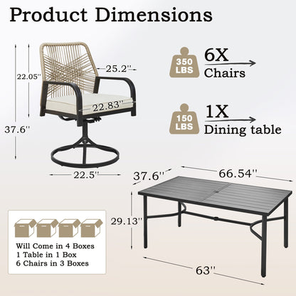 Ensembles de salle à manger d'extérieur polyvalents avec chaises pivotantes/pliantes, table à lattes en acier et table à manger en PEHD pour jardins et terrasses