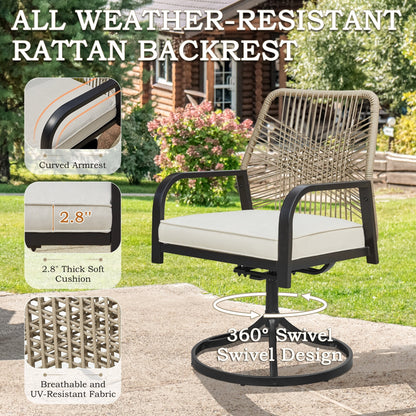 Ensembles de salle à manger d'extérieur polyvalents avec chaises pivotantes/pliantes, table à lattes en acier et table à manger en PEHD pour jardins et terrasses