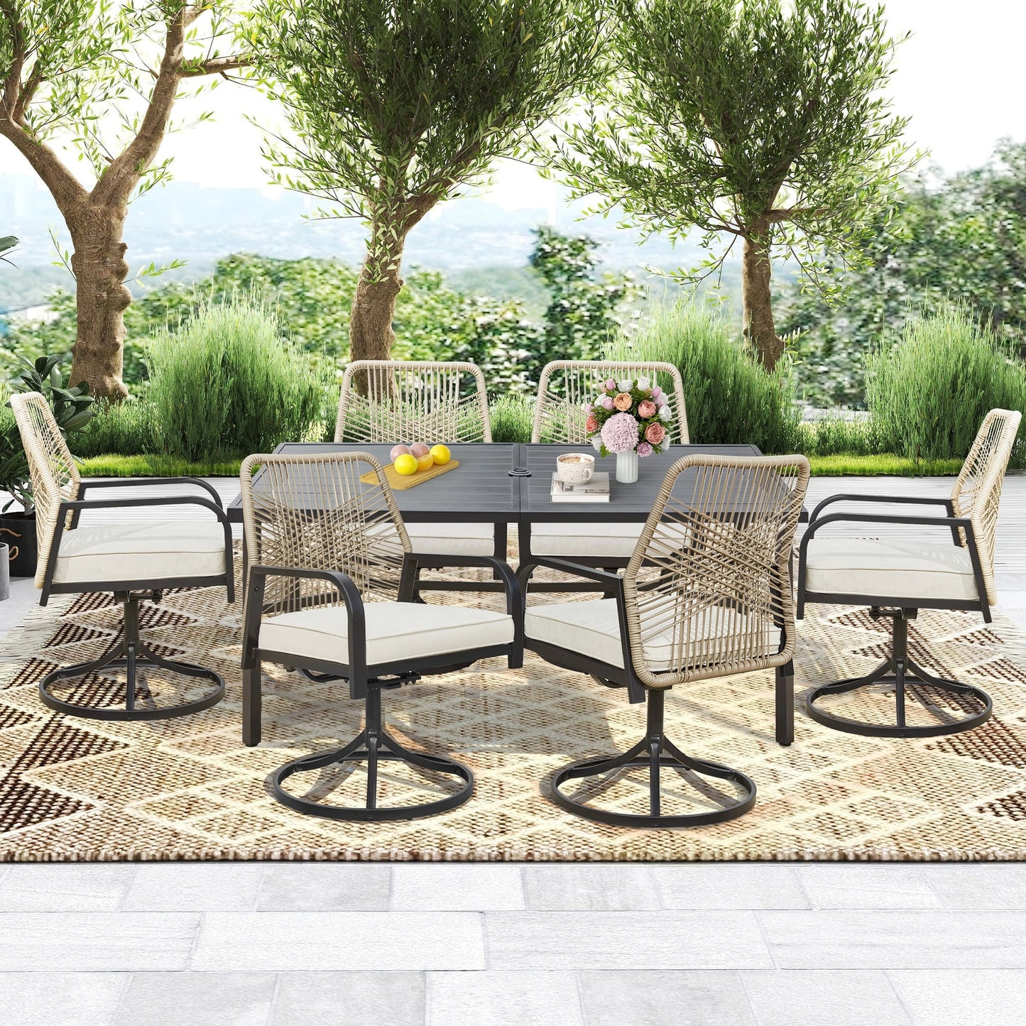 Ensembles de salle à manger d'extérieur polyvalents avec chaises pivotantes/pliantes, table à lattes en acier et table à manger en PEHD pour jardins et terrasses