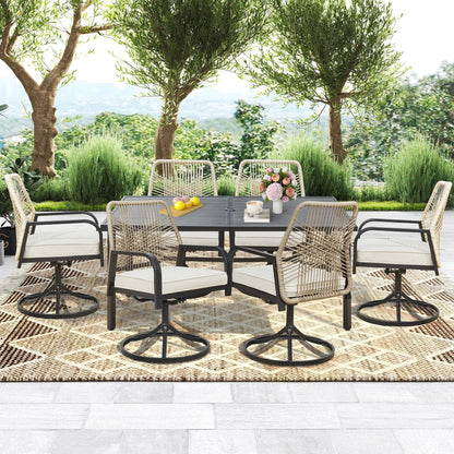Ensembles de salle à manger d'extérieur polyvalents avec chaises pivotantes/pliantes, table à lattes en acier et table à manger en PEHD pour jardins et terrasses