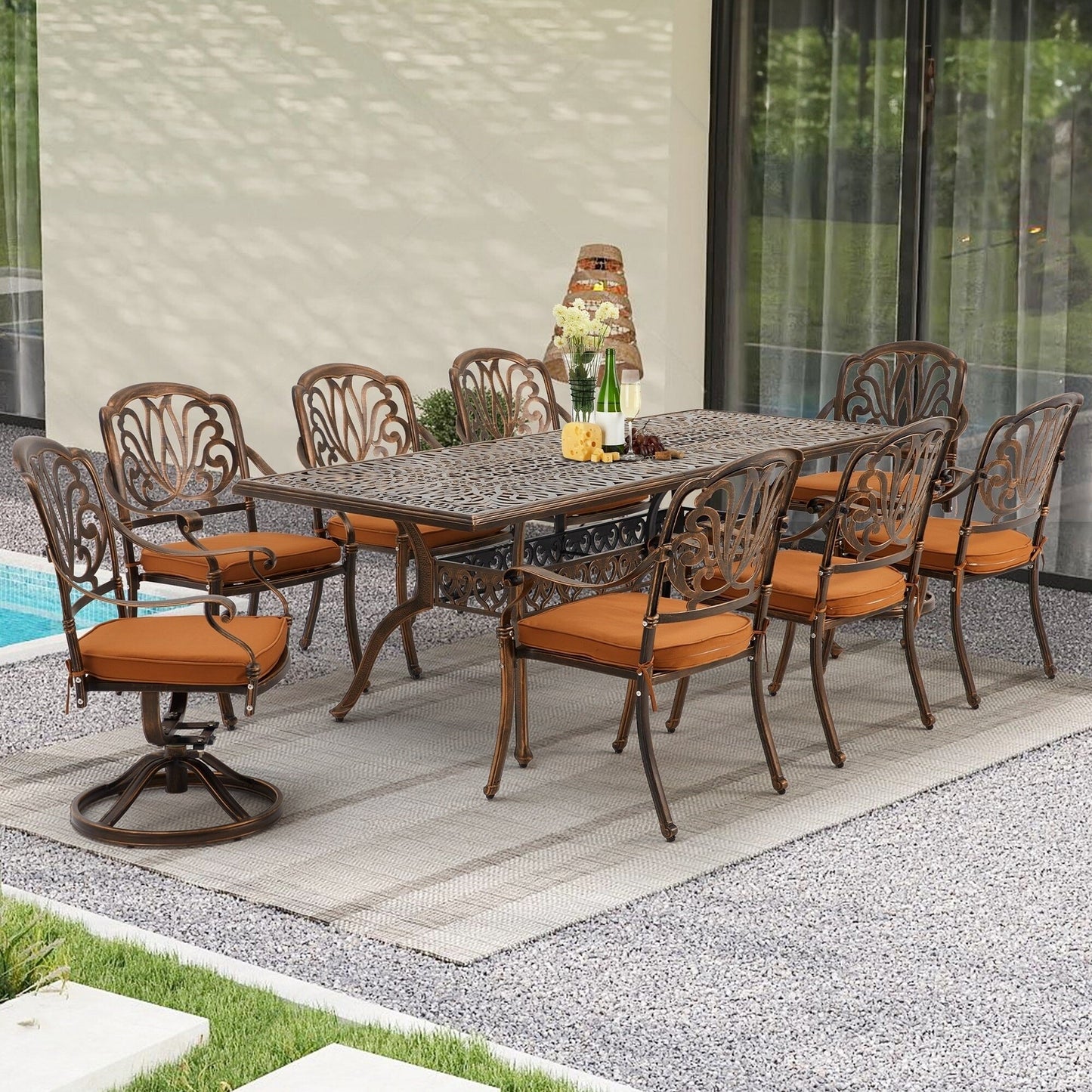 Ensembles de salle à manger d'extérieur polyvalents avec chaises pivotantes/pliantes, table à lattes en acier et table à manger en PEHD pour jardins et terrasses