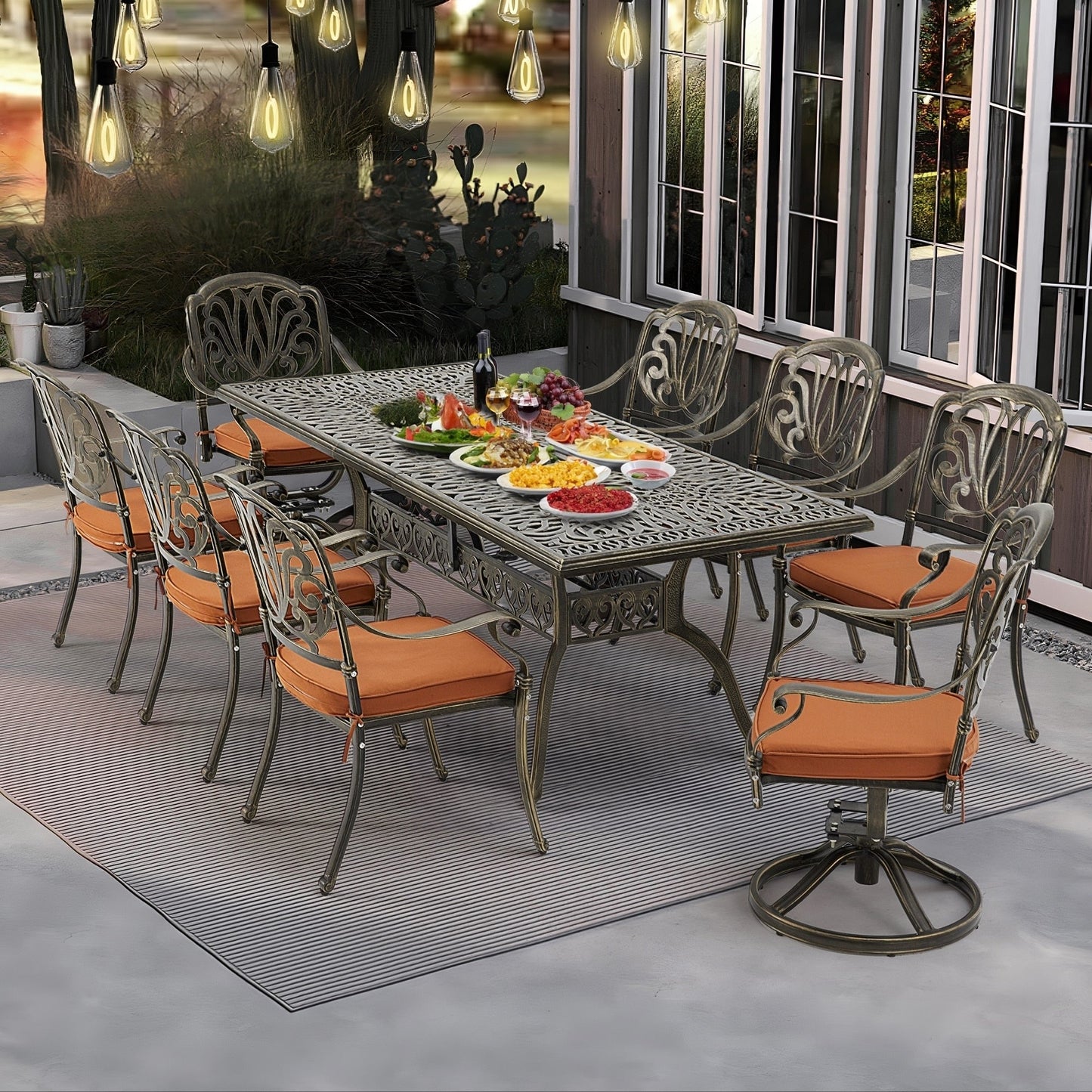 Ensembles de salle à manger d'extérieur polyvalents avec chaises pivotantes/pliantes, table à lattes en acier et table à manger en PEHD pour jardins et terrasses