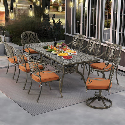 Ensembles de salle à manger d'extérieur polyvalents avec chaises pivotantes/pliantes, table à lattes en acier et table à manger en PEHD pour jardins et terrasses