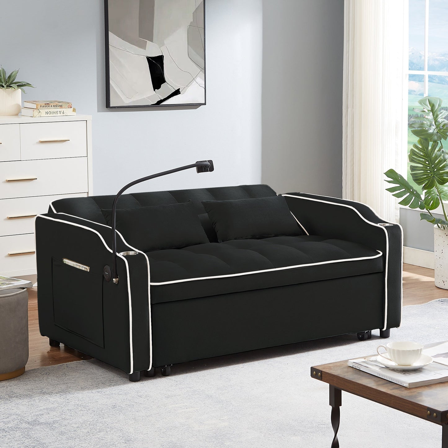Canapé-lit pliable polyvalent en velours avec dossier réglable, port USB et support de téléphone