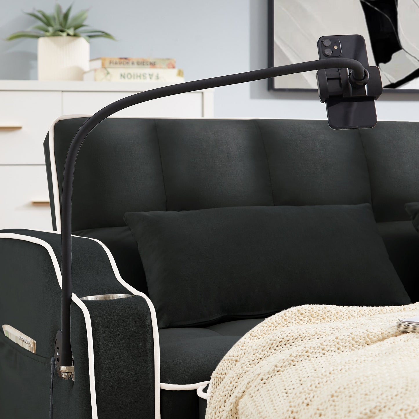 Canapé-lit pliable polyvalent en velours avec dossier réglable, port USB et support de téléphone