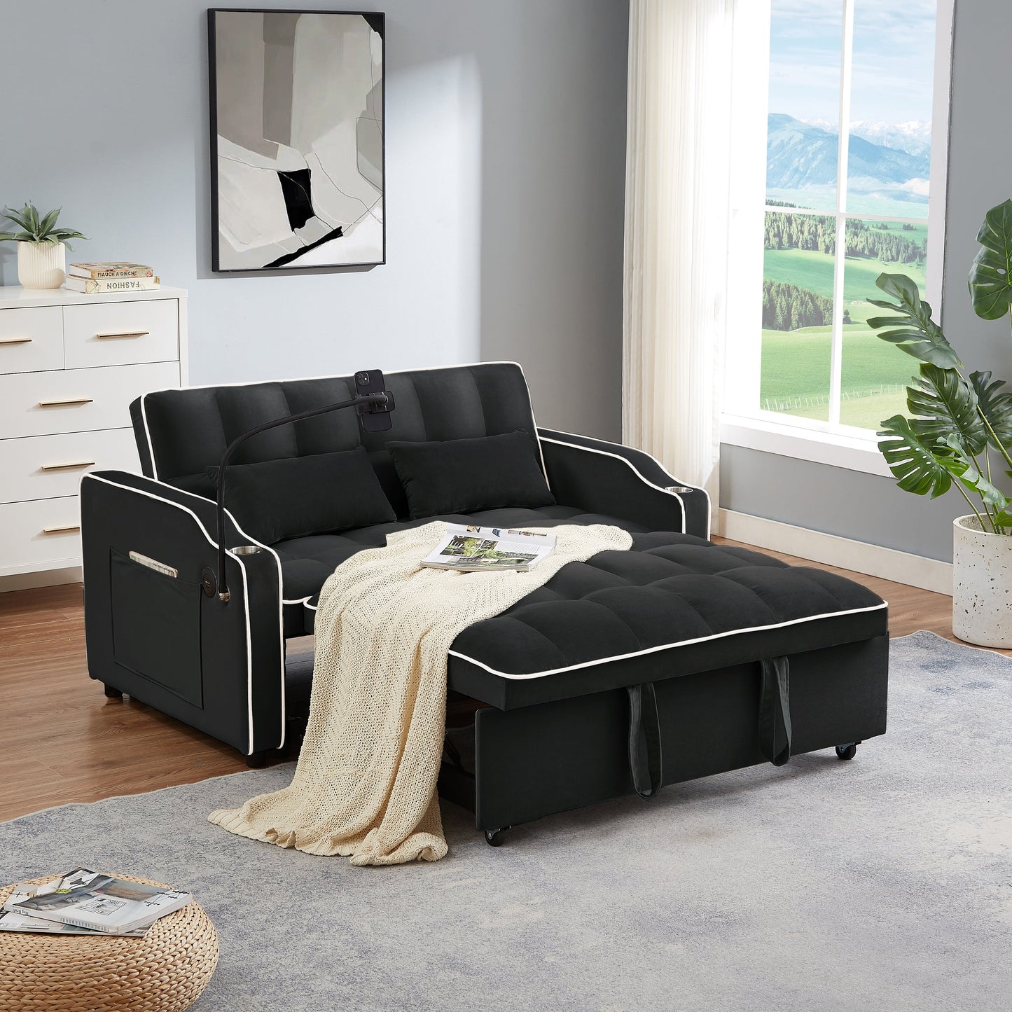 Canapé-lit pliable polyvalent en velours avec dossier réglable, port USB et support de téléphone