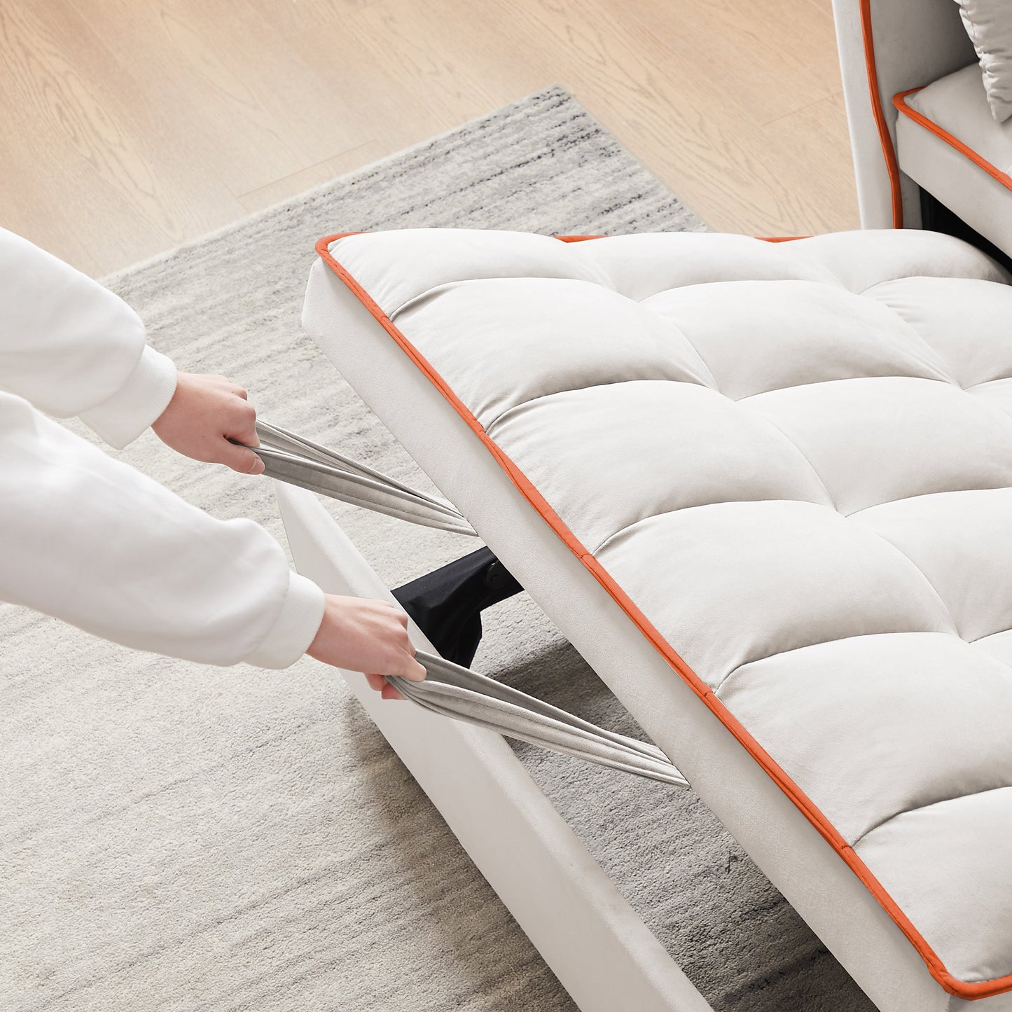 Canapé-lit pliable polyvalent en velours avec dossier réglable, port USB et support de téléphone