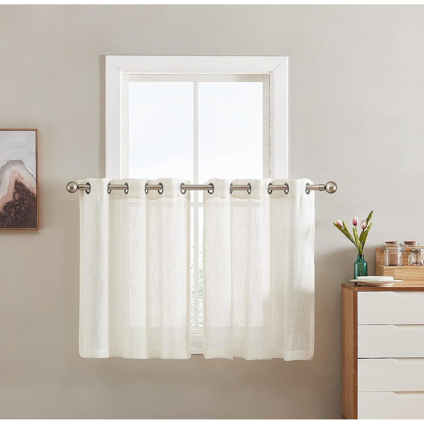 HLC.me Abbey Rideau semi-transparent texturé en imitation lin à œillets pour petites fenêtres, chambre et salle de bain
