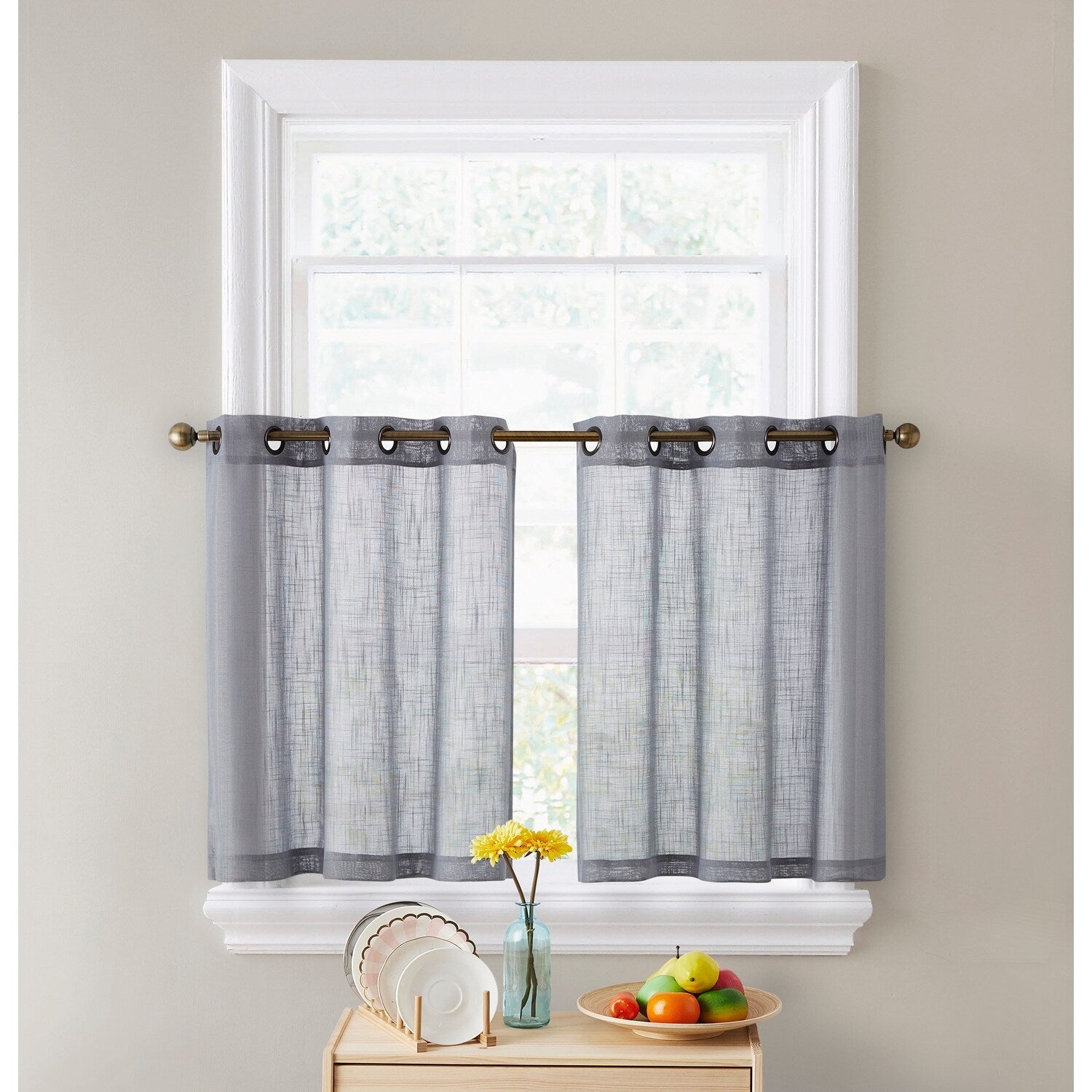 HLC.me Abbey Rideau semi-transparent texturé en imitation lin à œillets pour petites fenêtres, chambre et salle de bain
