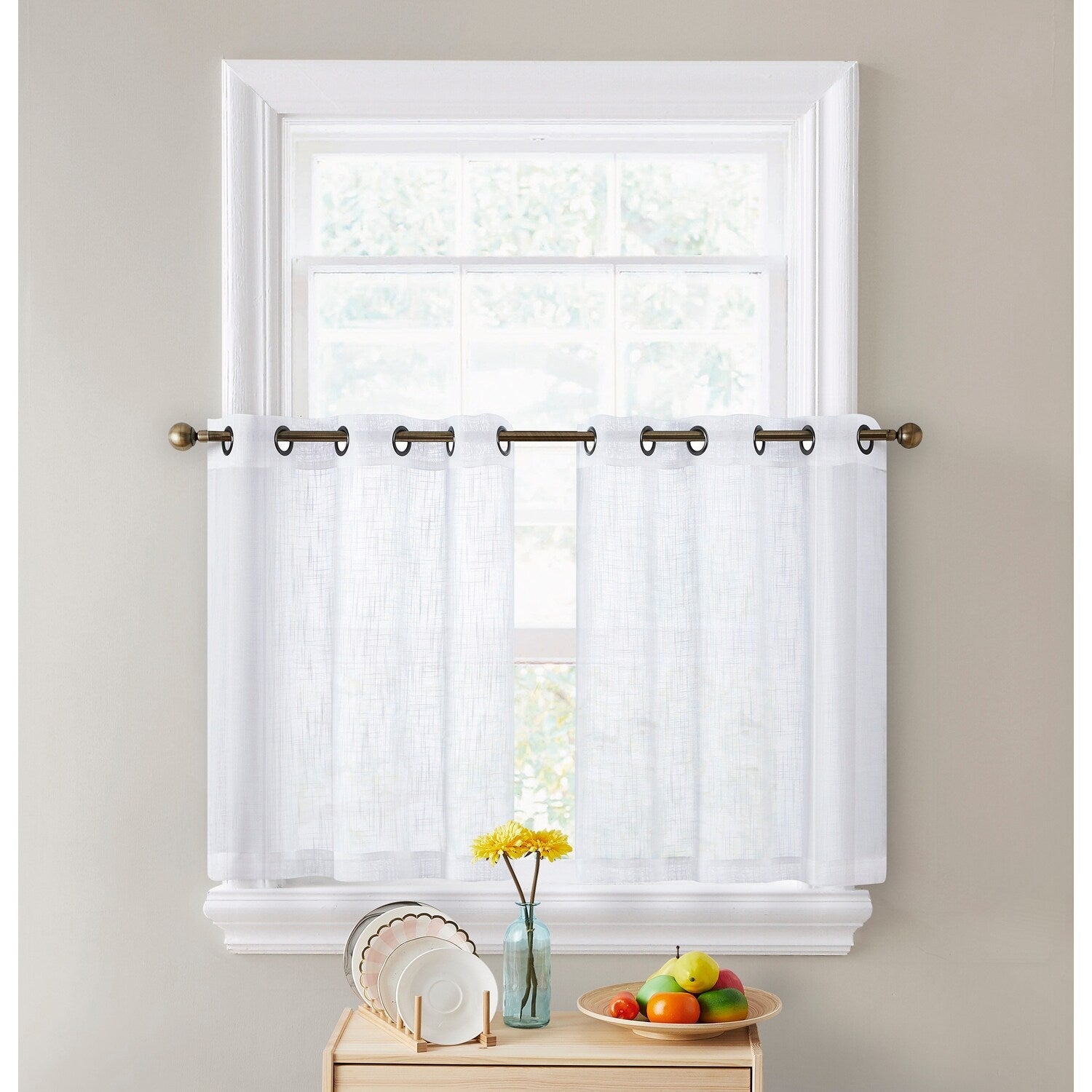 HLC.me Abbey Rideau semi-transparent texturé en imitation lin à œillets pour petites fenêtres, chambre et salle de bain