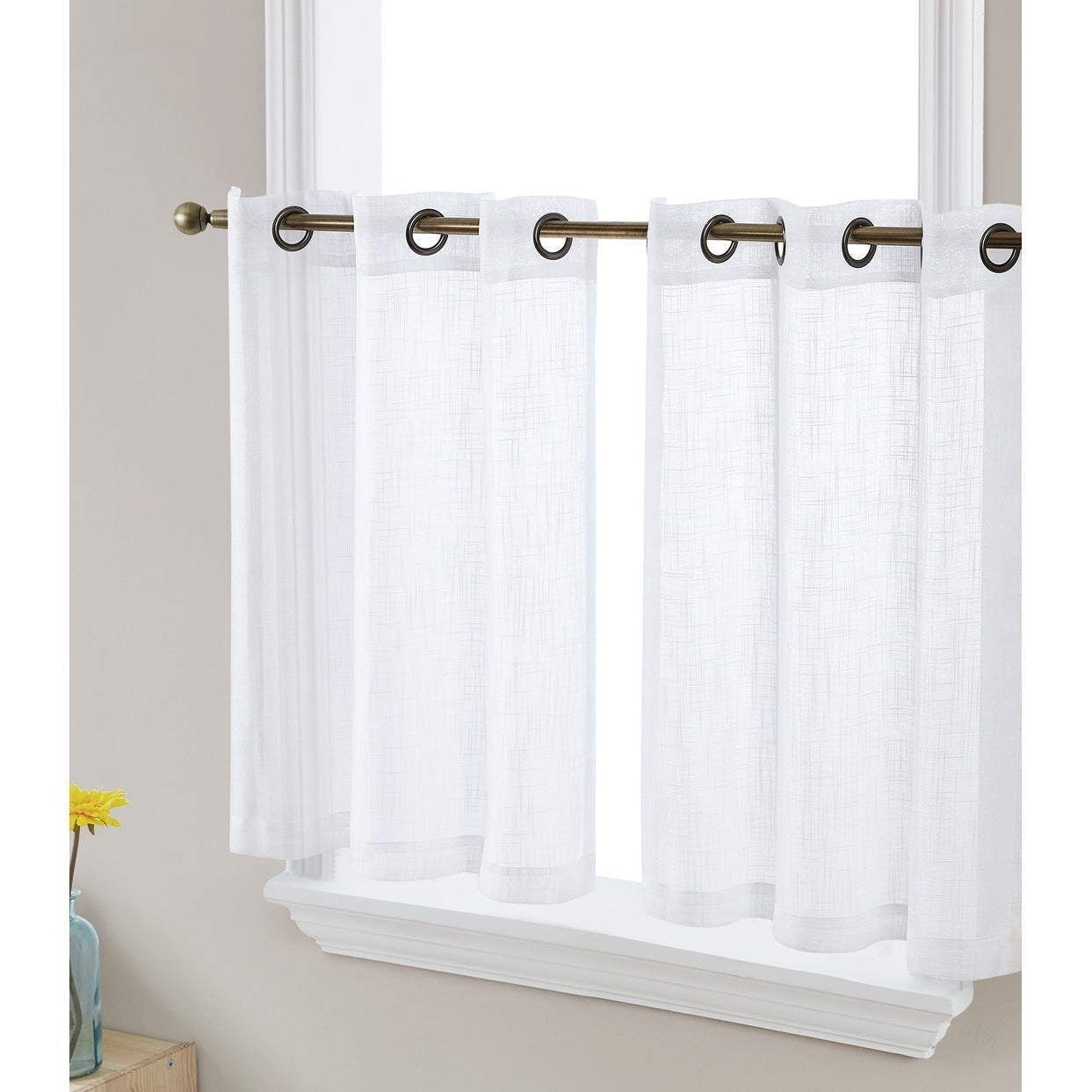 HLC.me Abbey Rideau semi-transparent texturé en imitation lin à œillets pour petites fenêtres, chambre et salle de bain