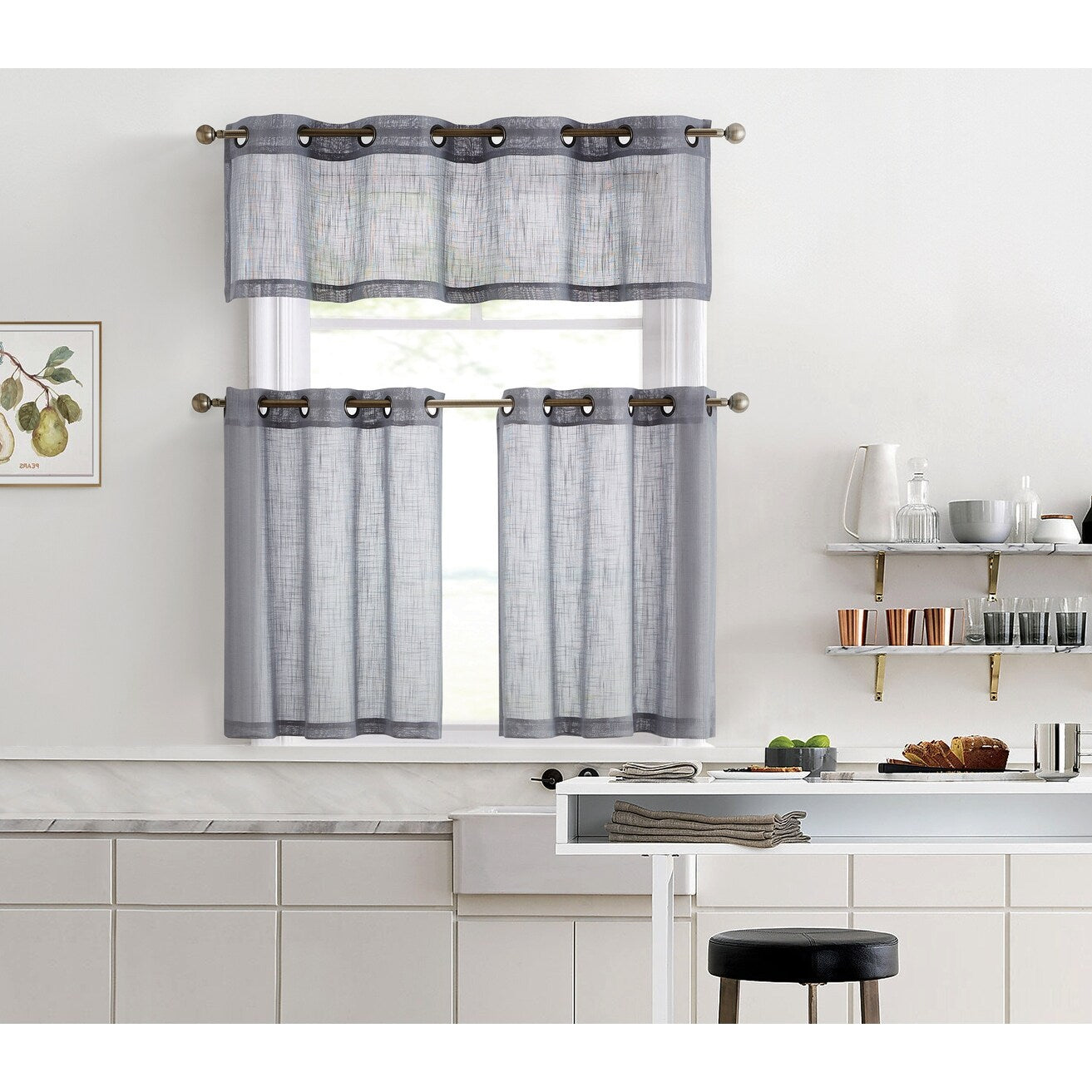 HLC.me Abbey Rideau semi-transparent texturé en imitation lin à œillets pour petites fenêtres, chambre et salle de bain