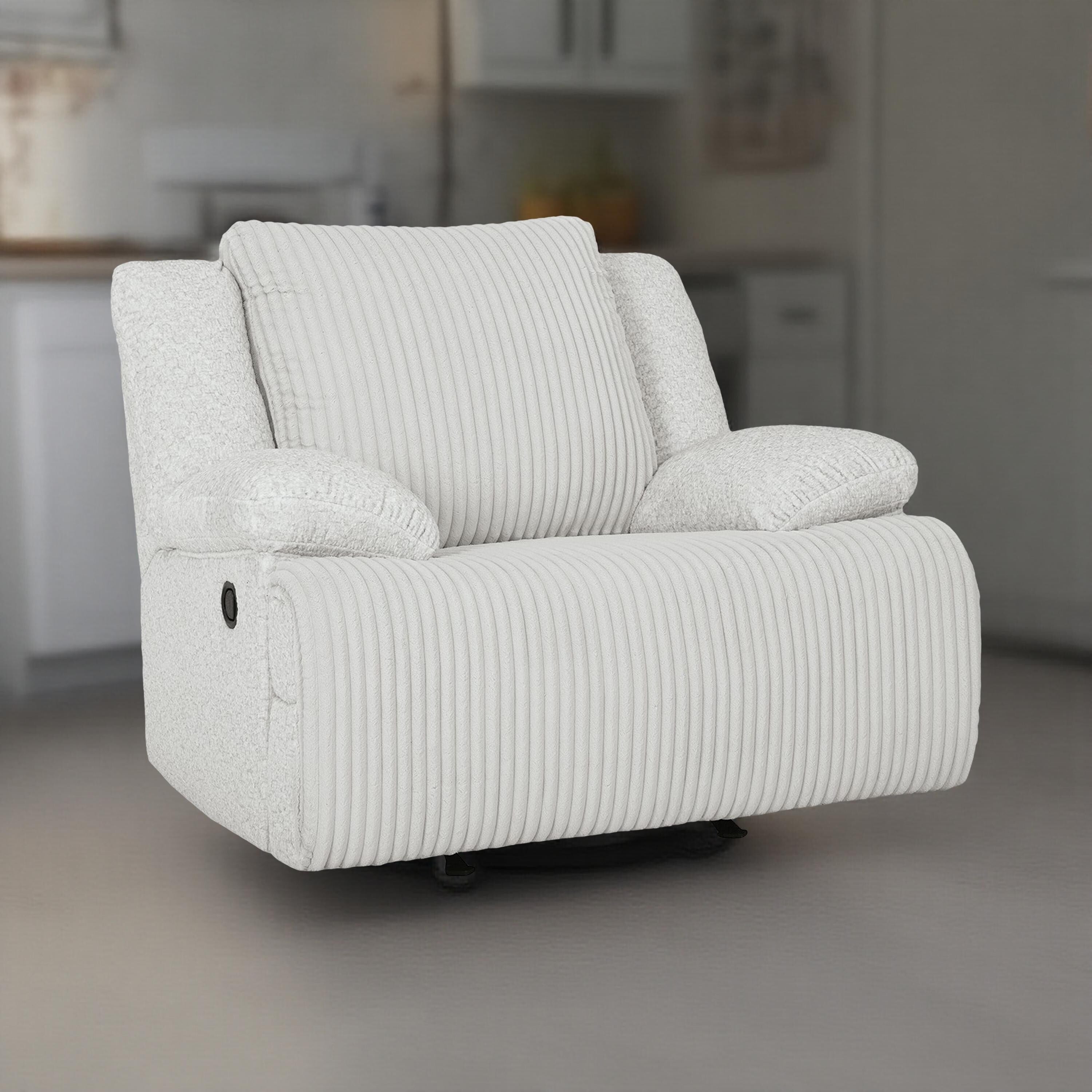 Fauteuil inclinable à bascule manuel Vincent, velours côtelé blanc, accoudoirs coussinés