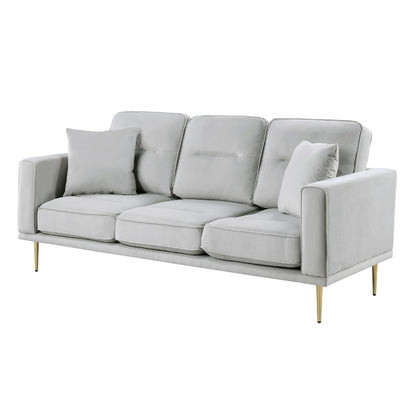 Canapé Voxo, assise rembourrée en velours gris, deux coussins décoratifs, 82 pouces