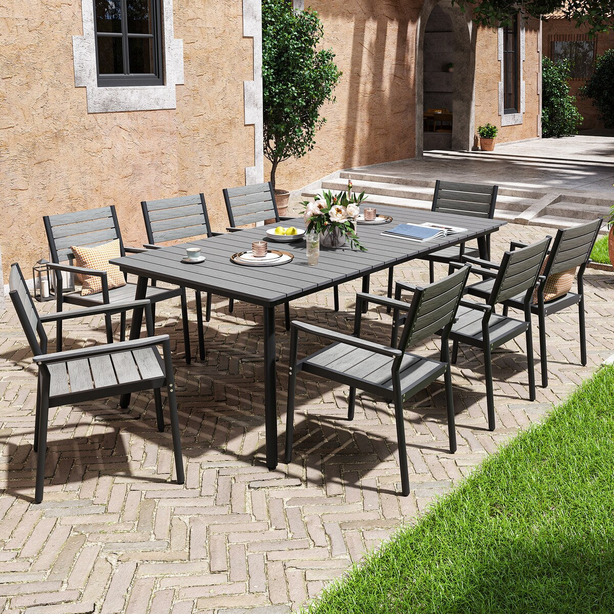 Ensemble de salle à manger d'extérieur VredHom 9 pièces avec chaises empilables – Lot de 9