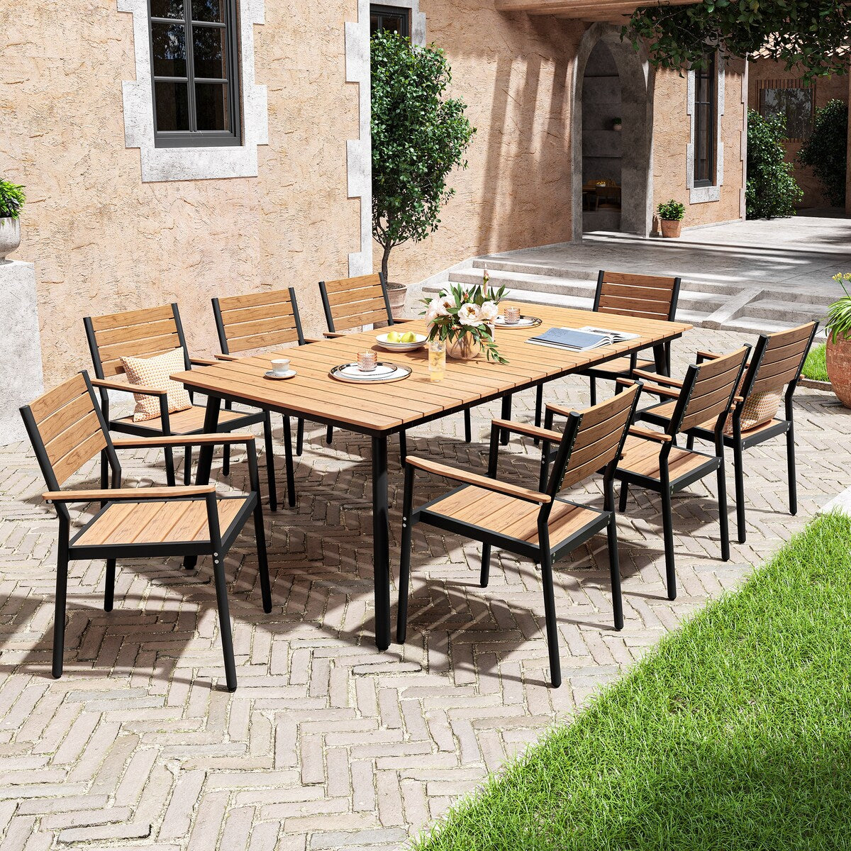 Ensemble de salle à manger d'extérieur VredHom 9 pièces avec chaises empilables – Lot de 9