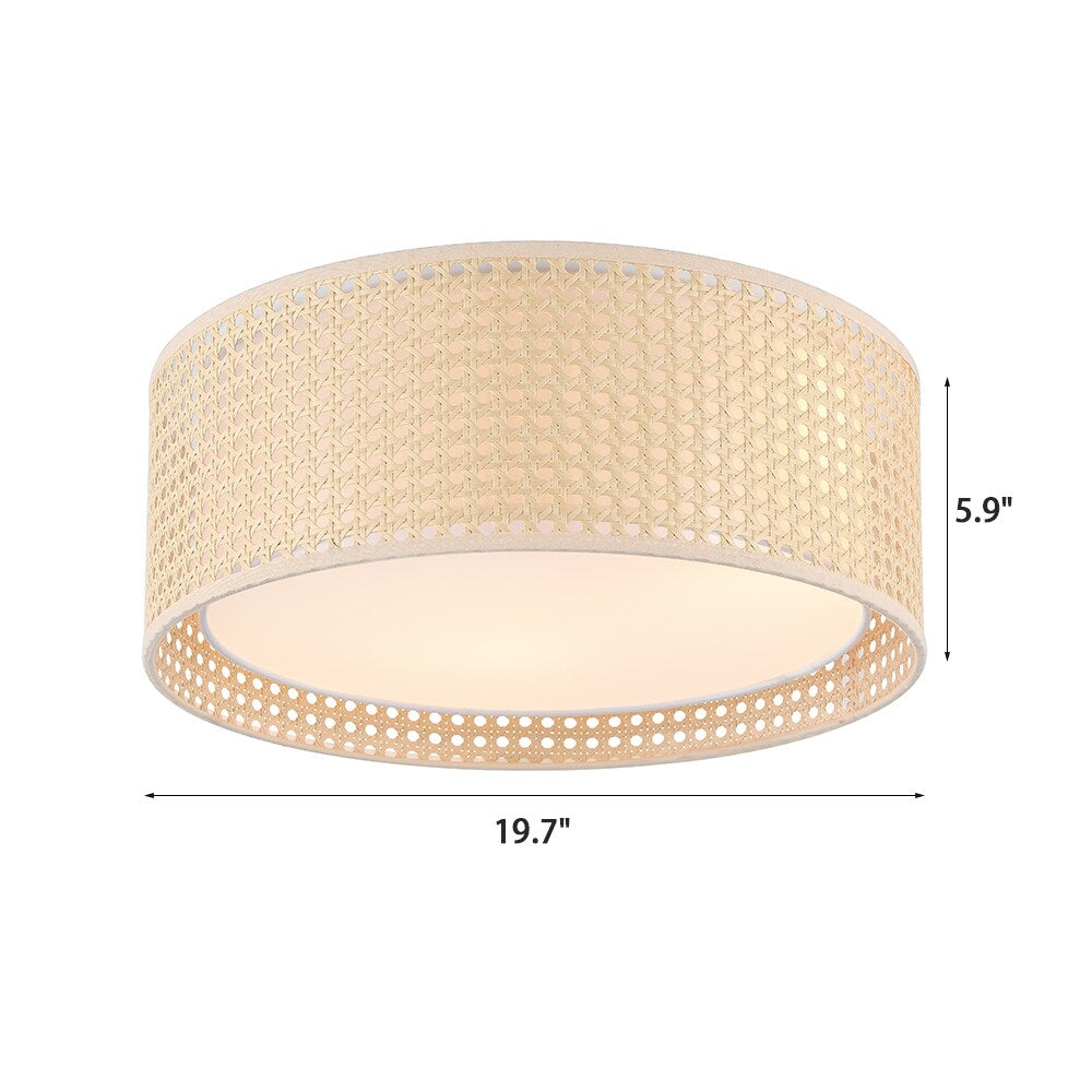 Plafonnier encastré moderne WINGBO à 3 lumières avec abat-jour tambour double en rotin et tissu