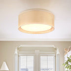 Plafonnier encastré moderne WINGBO à 3 lumières avec abat-jour tambour double en rotin et tissu
