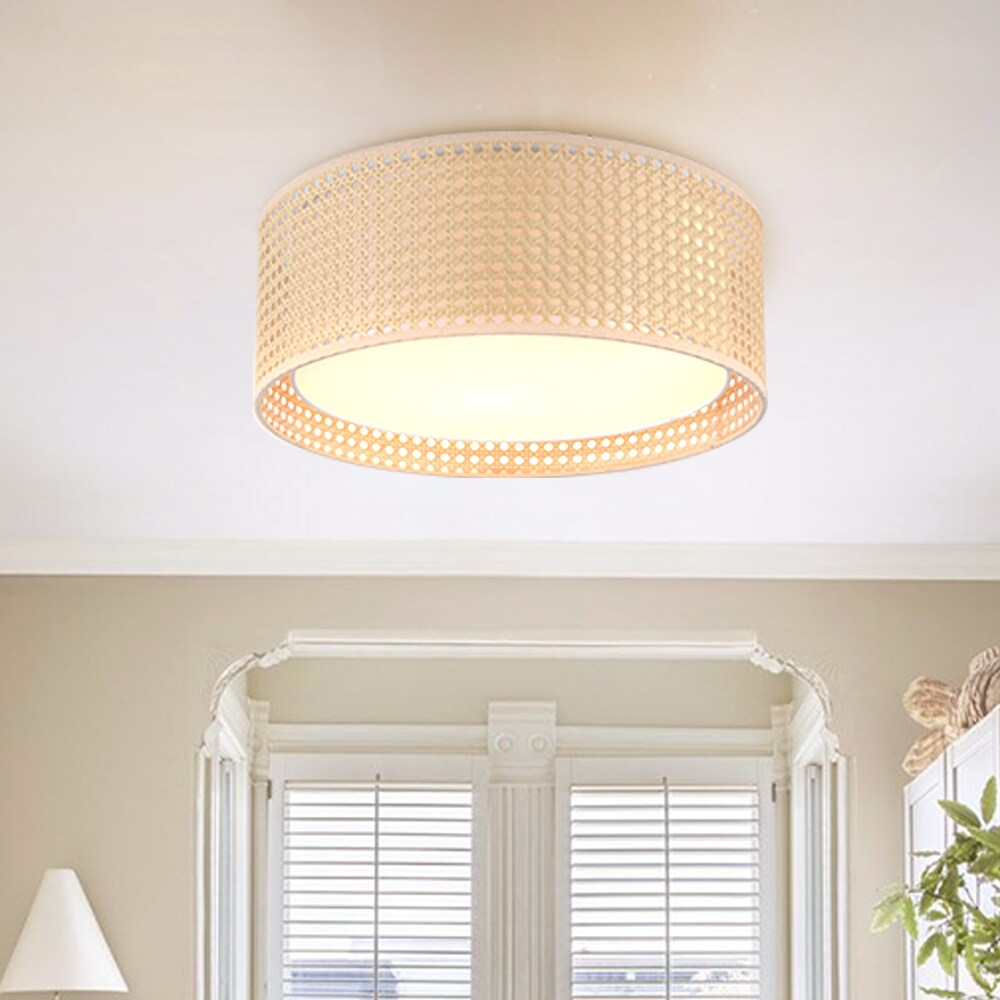 Plafonnier encastré moderne WINGBO à 3 lumières avec abat-jour tambour double en rotin et tissu