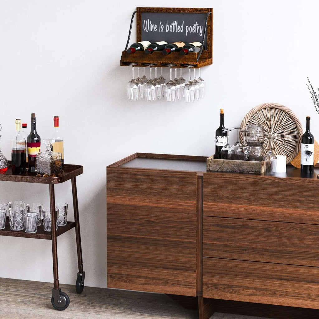 Étagère à vin murale en bois Colmar, support pour verres à vin, organiseur pour 4 bouteilles de vin, décoration rustique pour bar à domicile