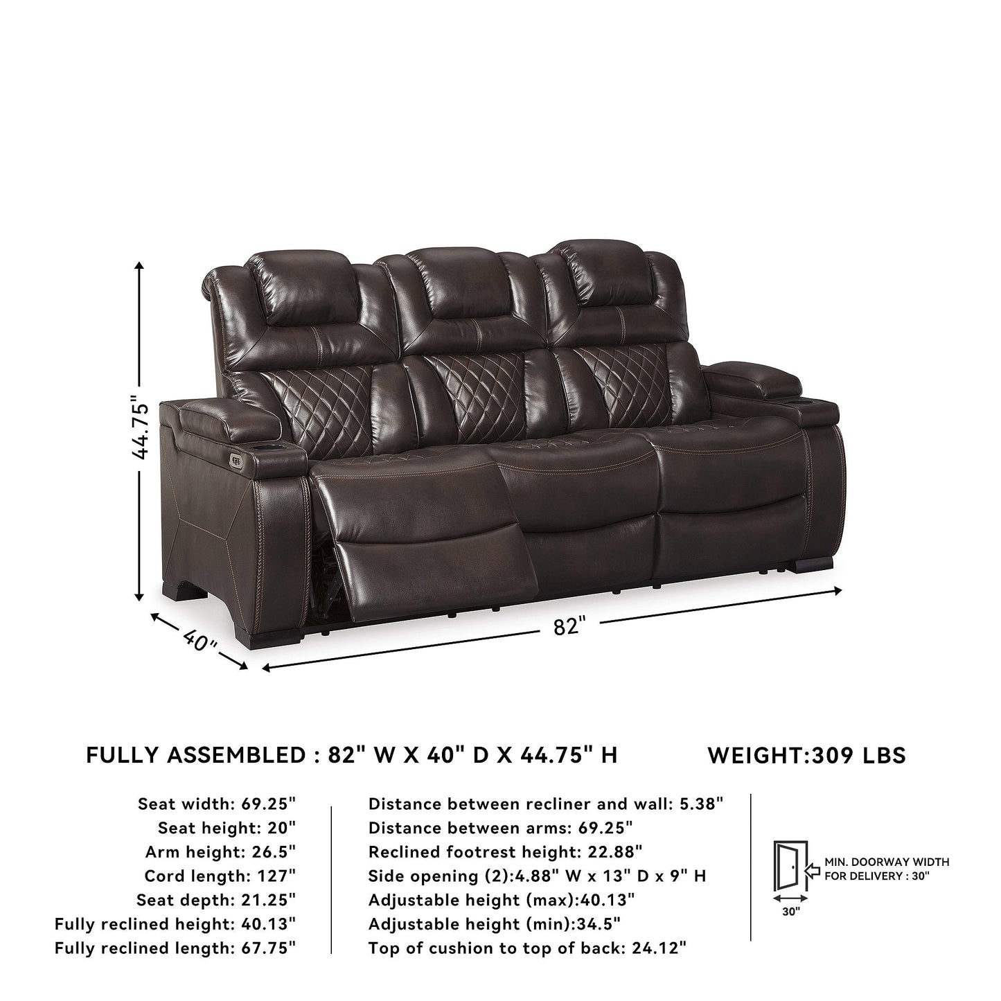 Canapé inclinable électrique Warnerton en similicuir marron chocolat - 84 L x 38 P x 44 H