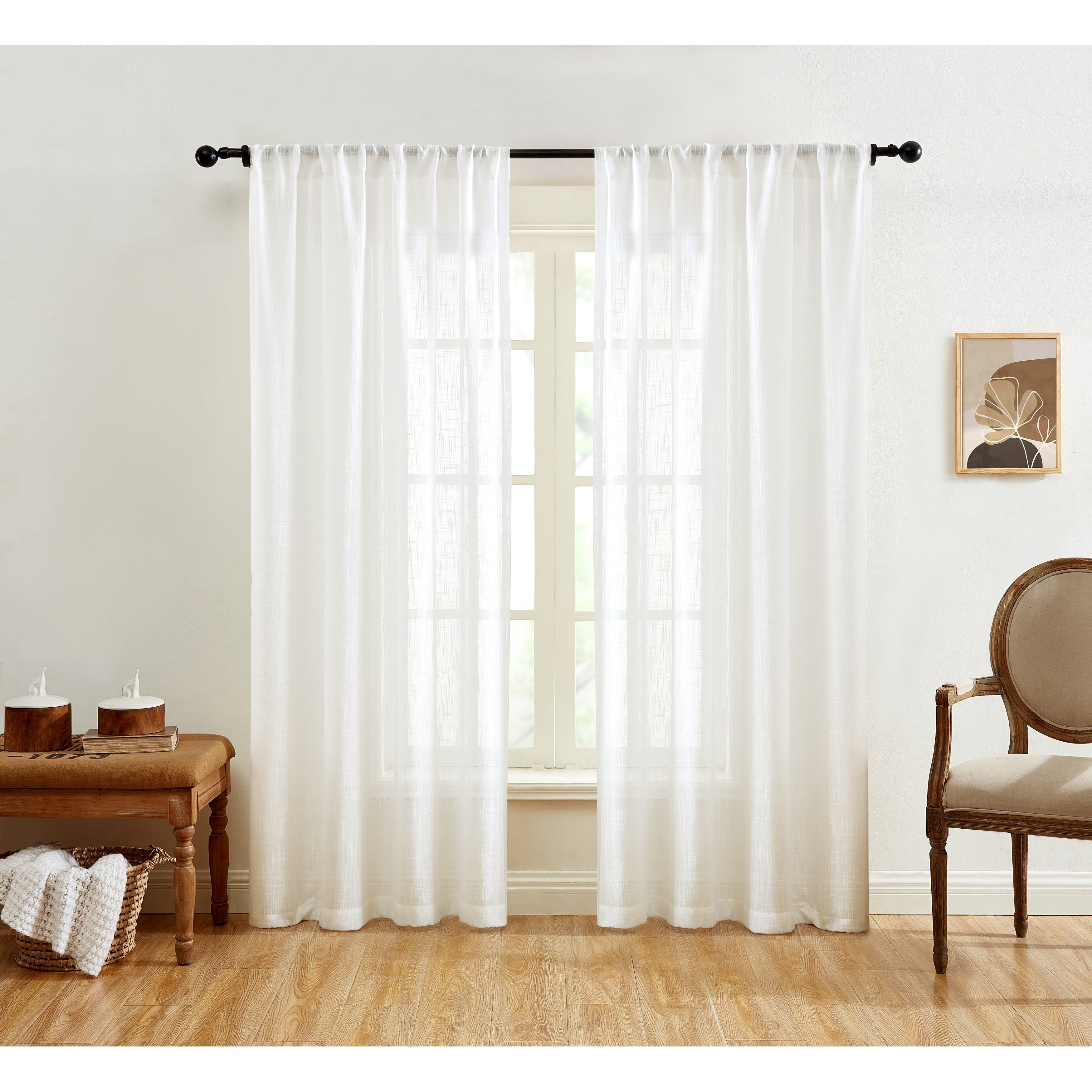 HLC.me Linda Rideaux semi-transparents texturés en faux lin avec passe-tringle, 2 panneaux