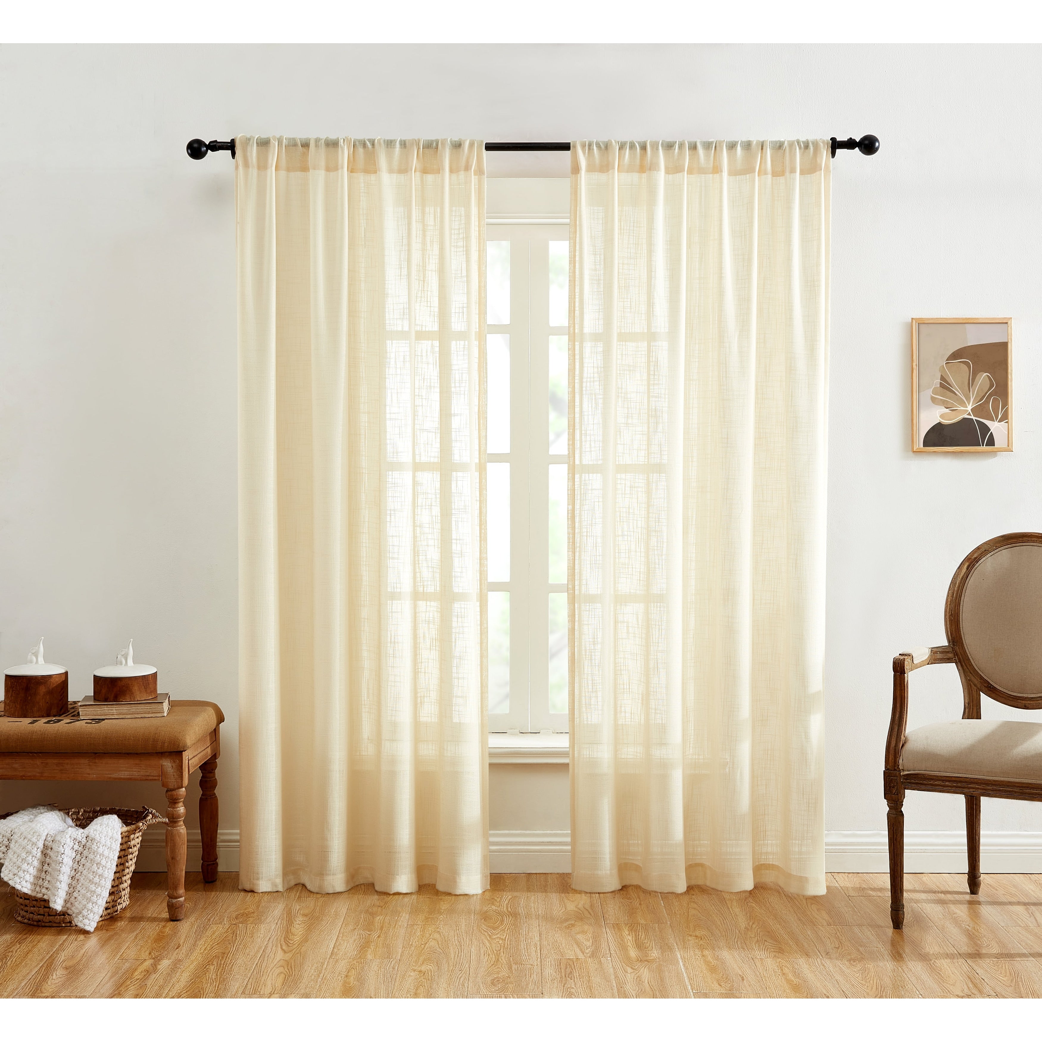 HLC.me Linda Rideaux semi-transparents texturés en faux lin avec passe-tringle, 2 panneaux