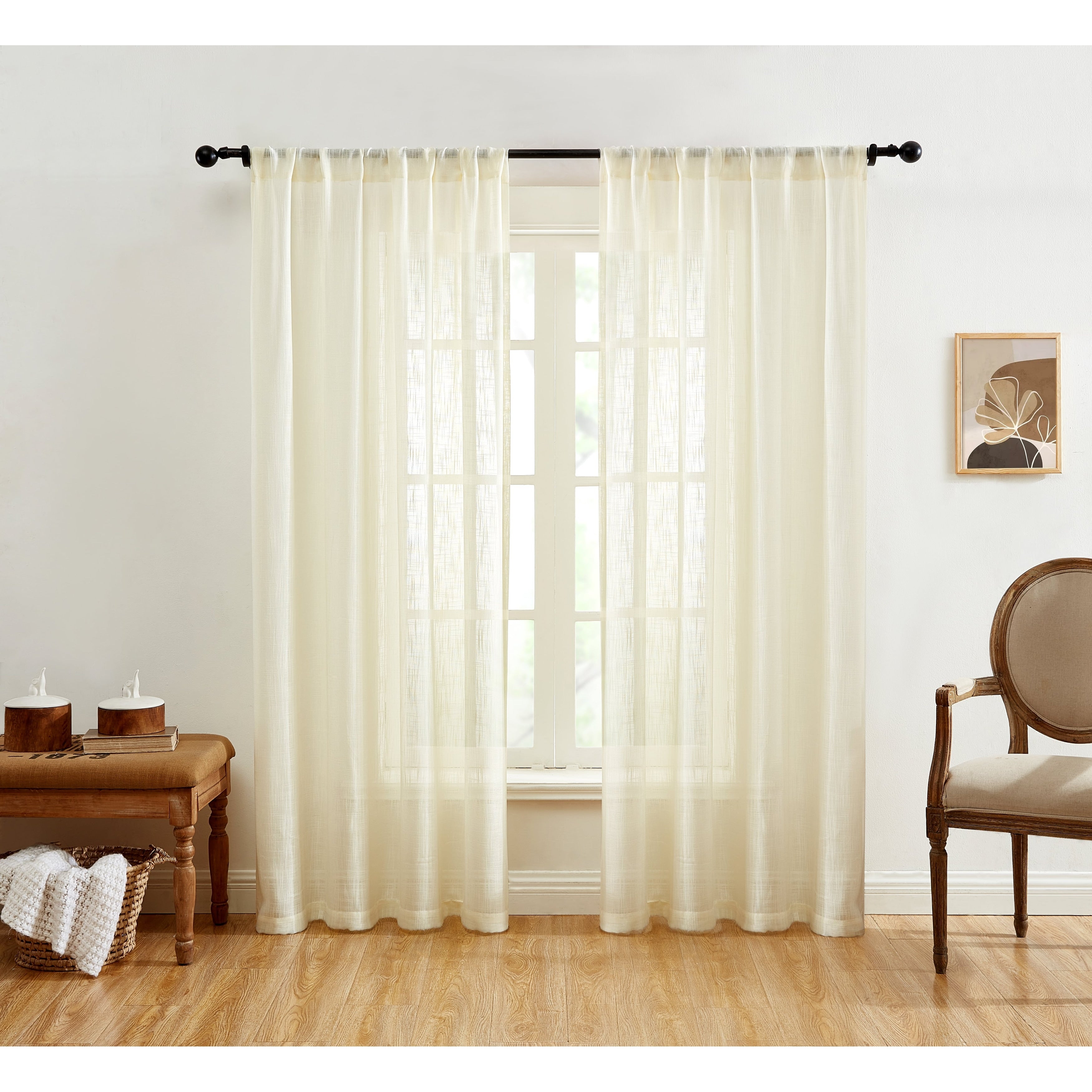 HLC.me Linda Rideaux semi-transparents texturés en faux lin avec passe-tringle, 2 panneaux
