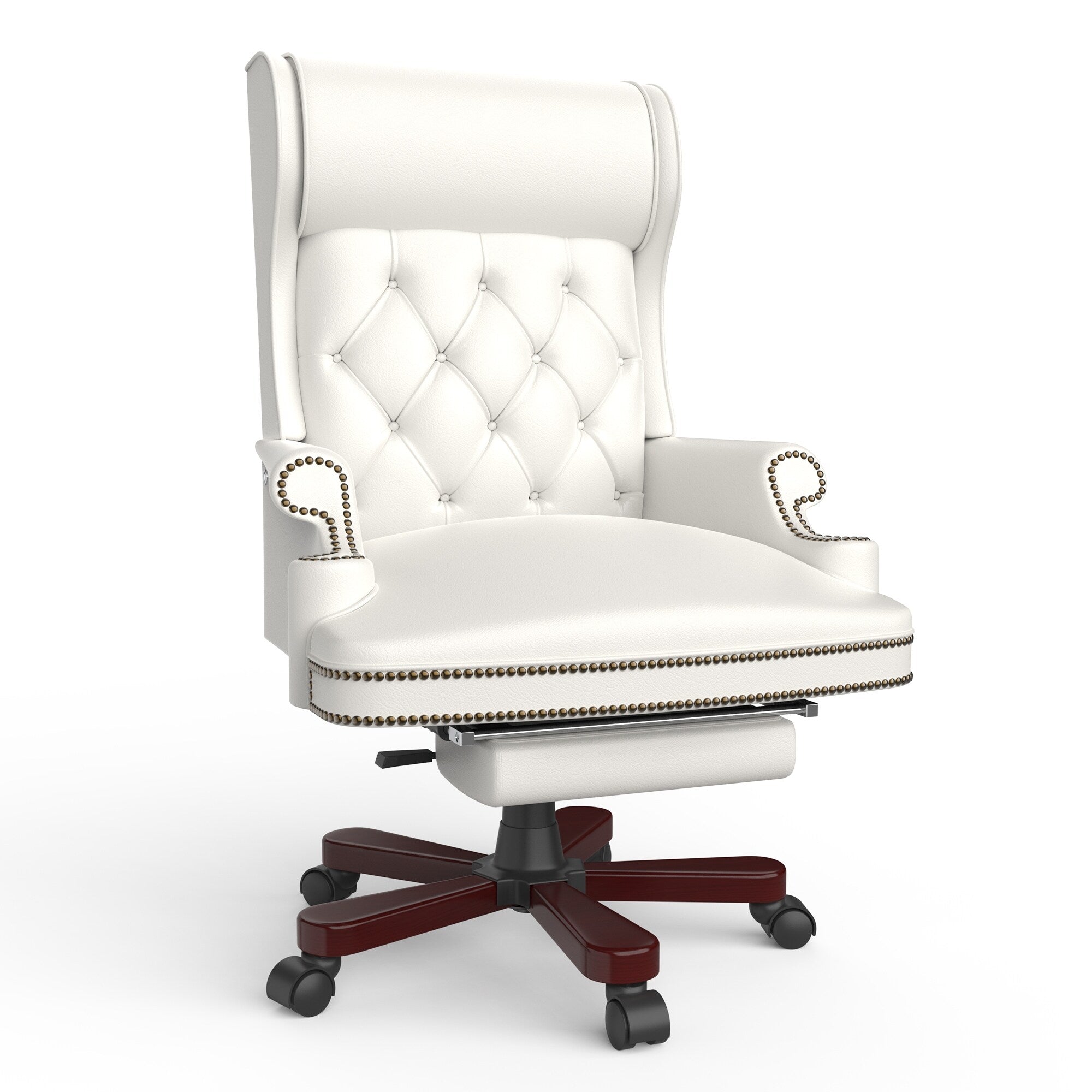 Fauteuil de bureau pivotant ergonomique en cuir synthétique blanc avec repose-pieds, dossier capitonné et décoration cloutée