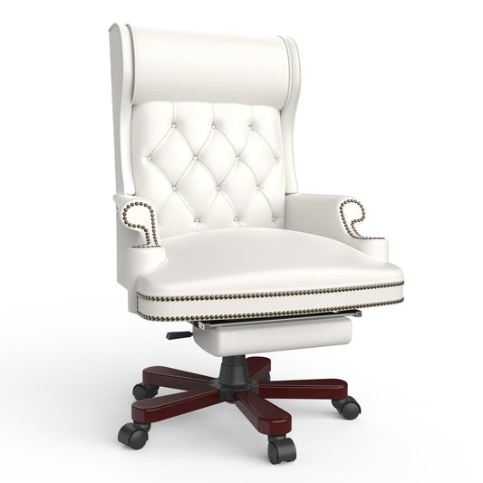 Fauteuil de bureau pivotant ergonomique en cuir synthétique blanc avec repose-pieds, dossier capitonné et décoration cloutée