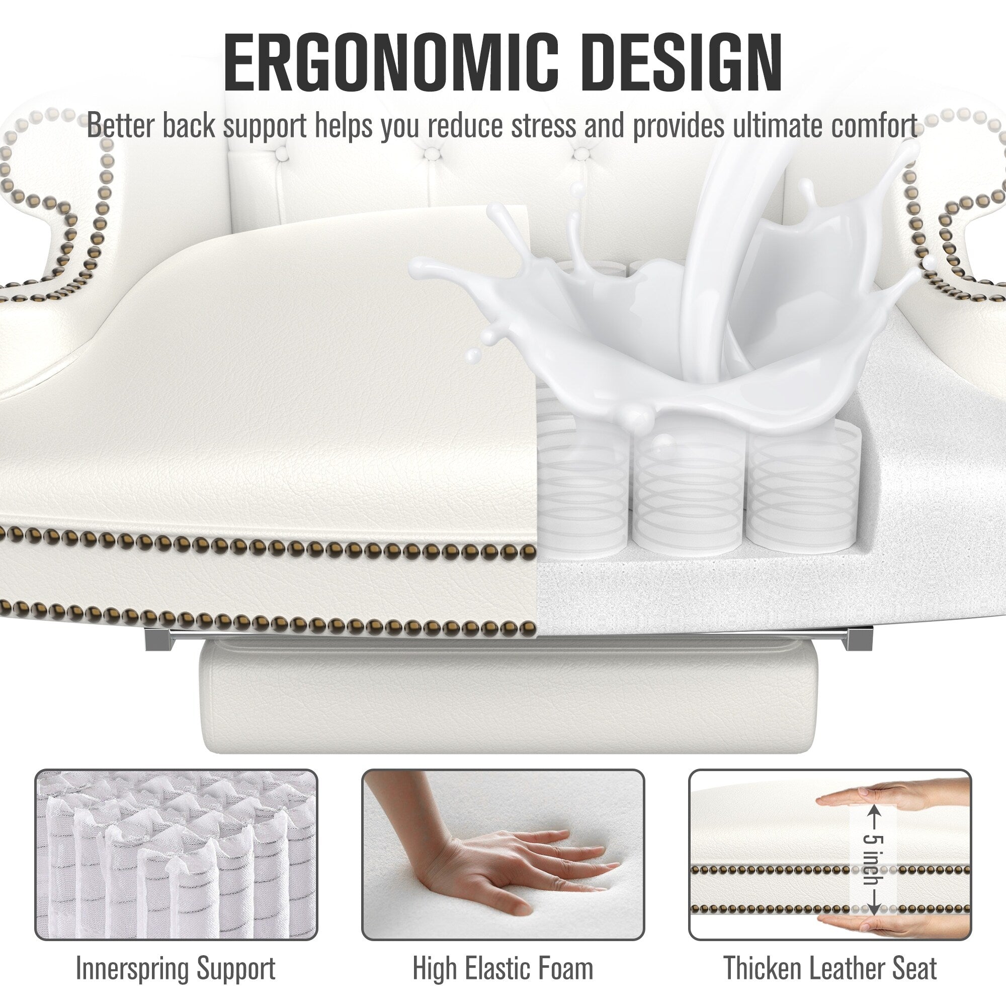 Fauteuil de bureau pivotant ergonomique en cuir synthétique blanc avec repose-pieds, dossier capitonné et décoration cloutée