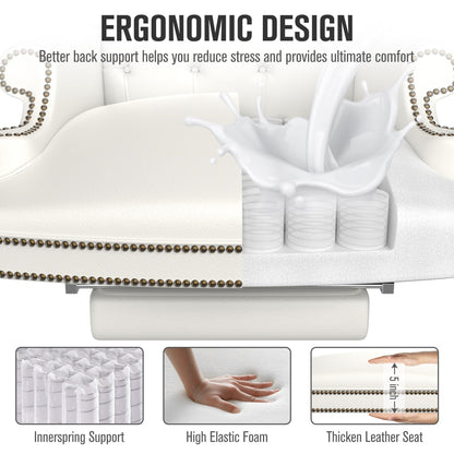 Fauteuil de bureau pivotant ergonomique en cuir synthétique blanc avec repose-pieds, dossier capitonné et décoration cloutée