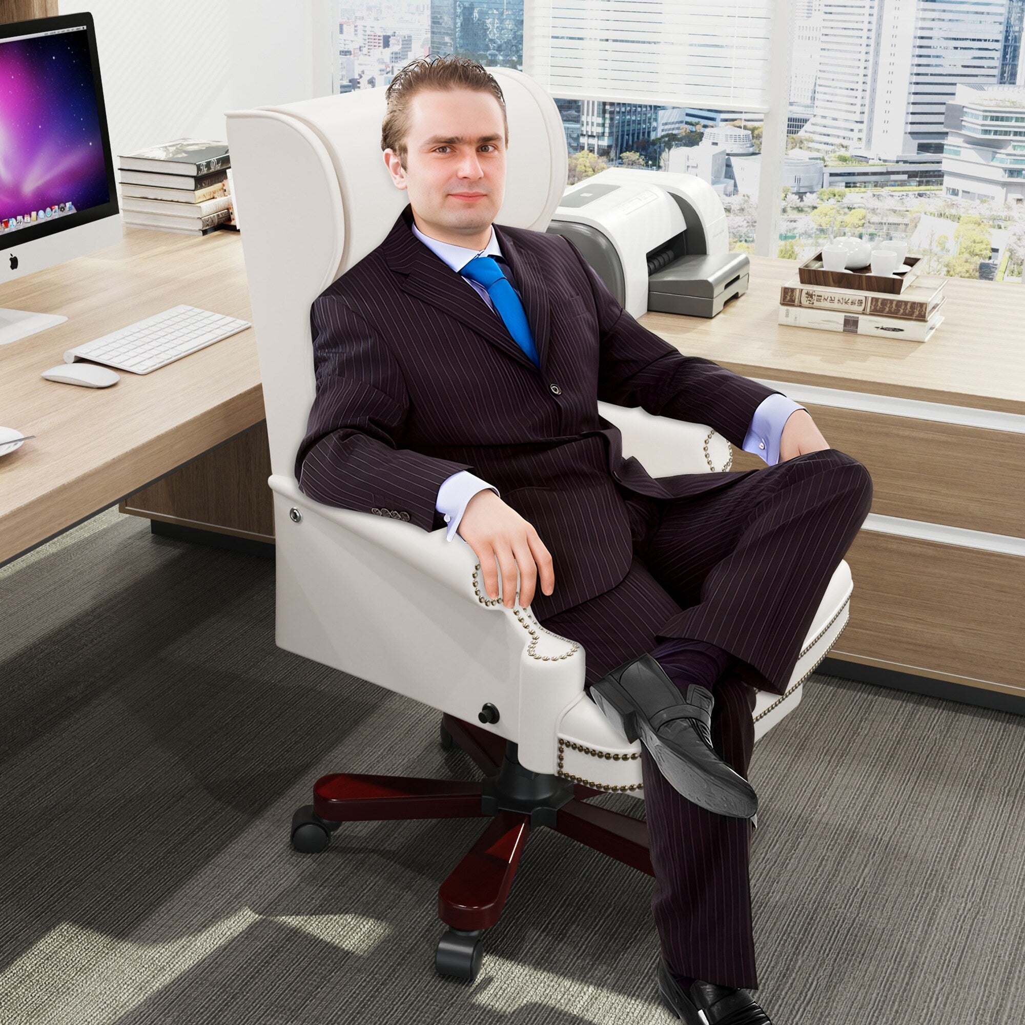 Fauteuil de bureau pivotant ergonomique en cuir synthétique blanc avec repose-pieds, dossier capitonné et décoration cloutée