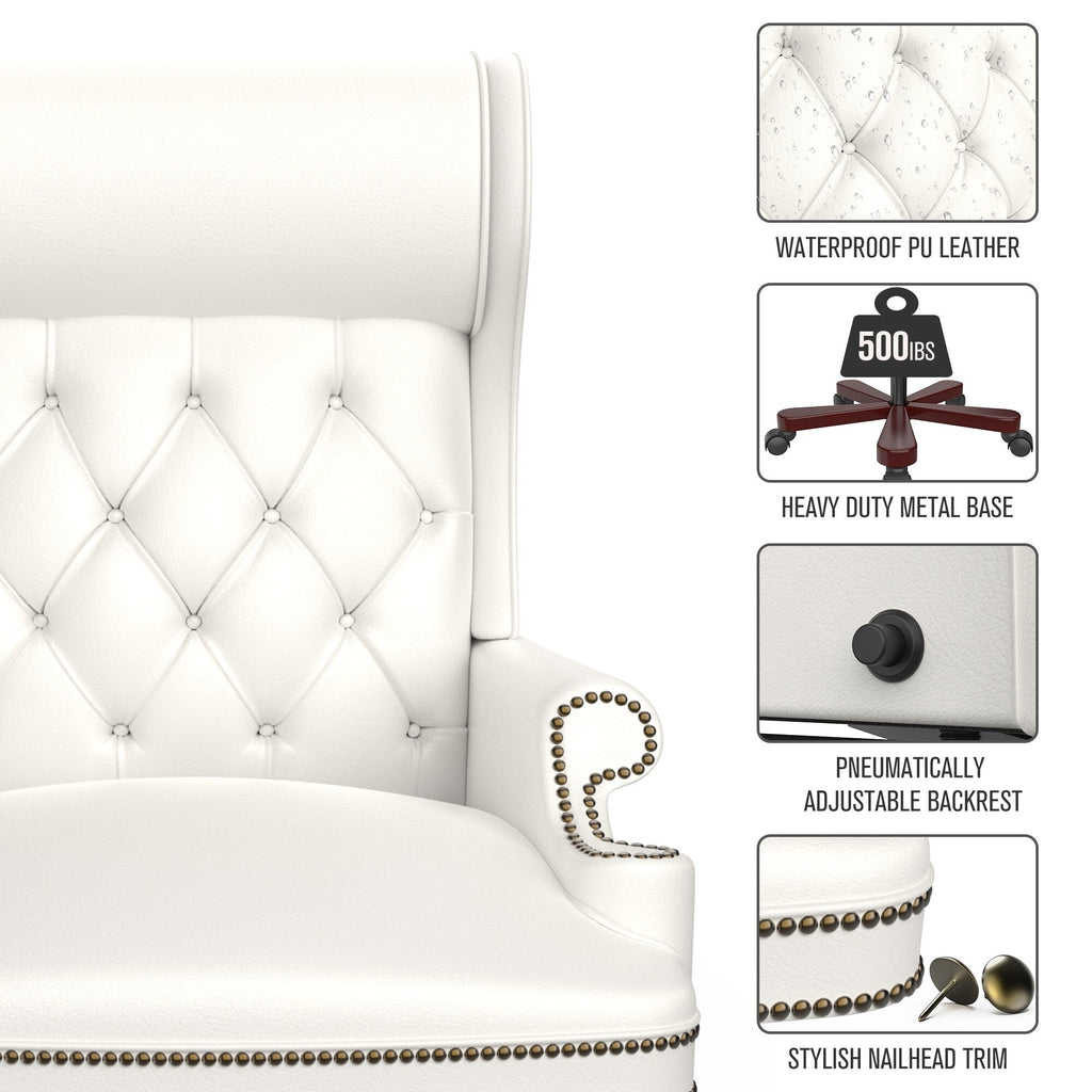 Fauteuil de bureau pivotant ergonomique en cuir synthétique blanc avec repose-pieds, dossier capitonné et décoration cloutée