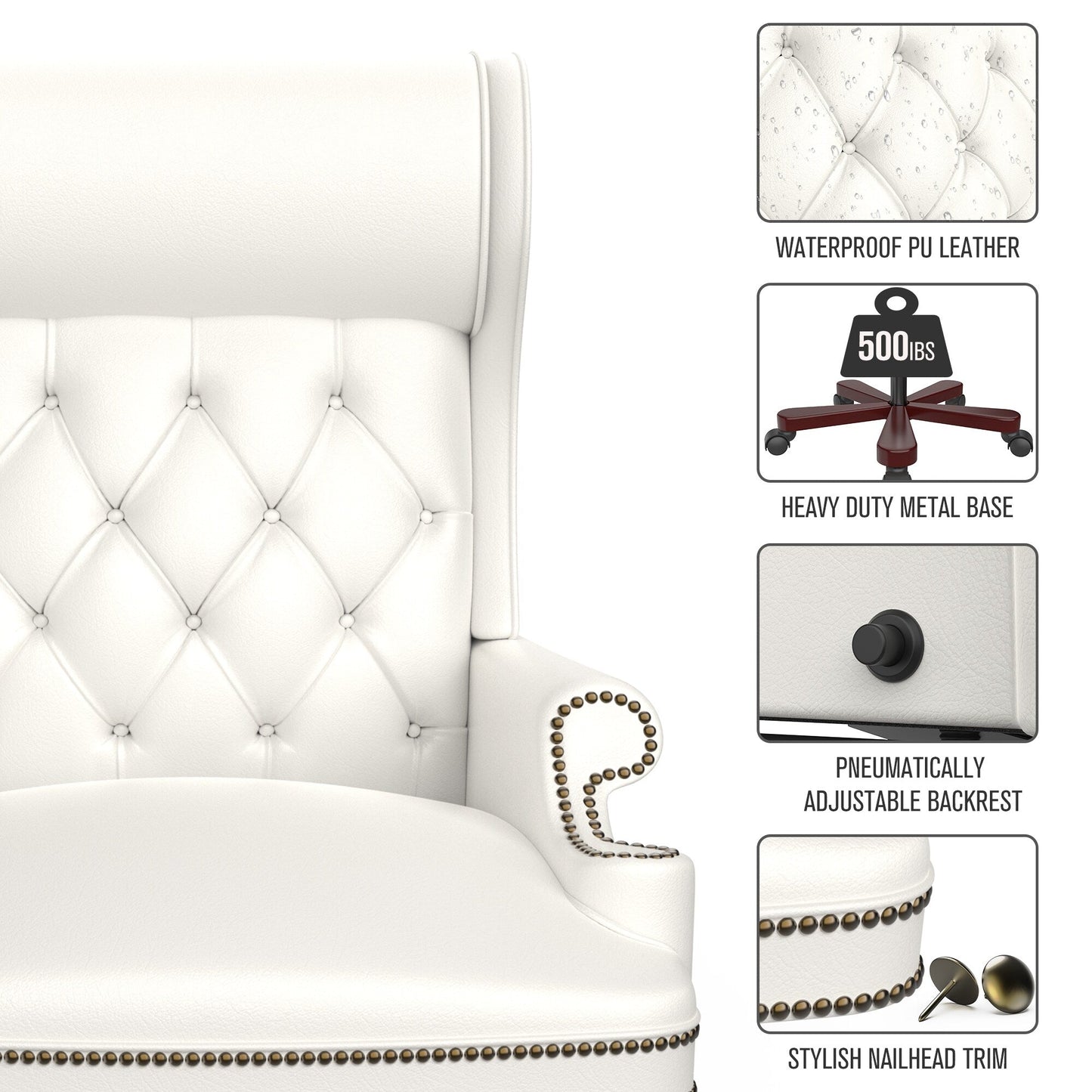 Fauteuil de bureau pivotant ergonomique en cuir synthétique blanc avec repose-pieds, dossier capitonné et décoration cloutée
