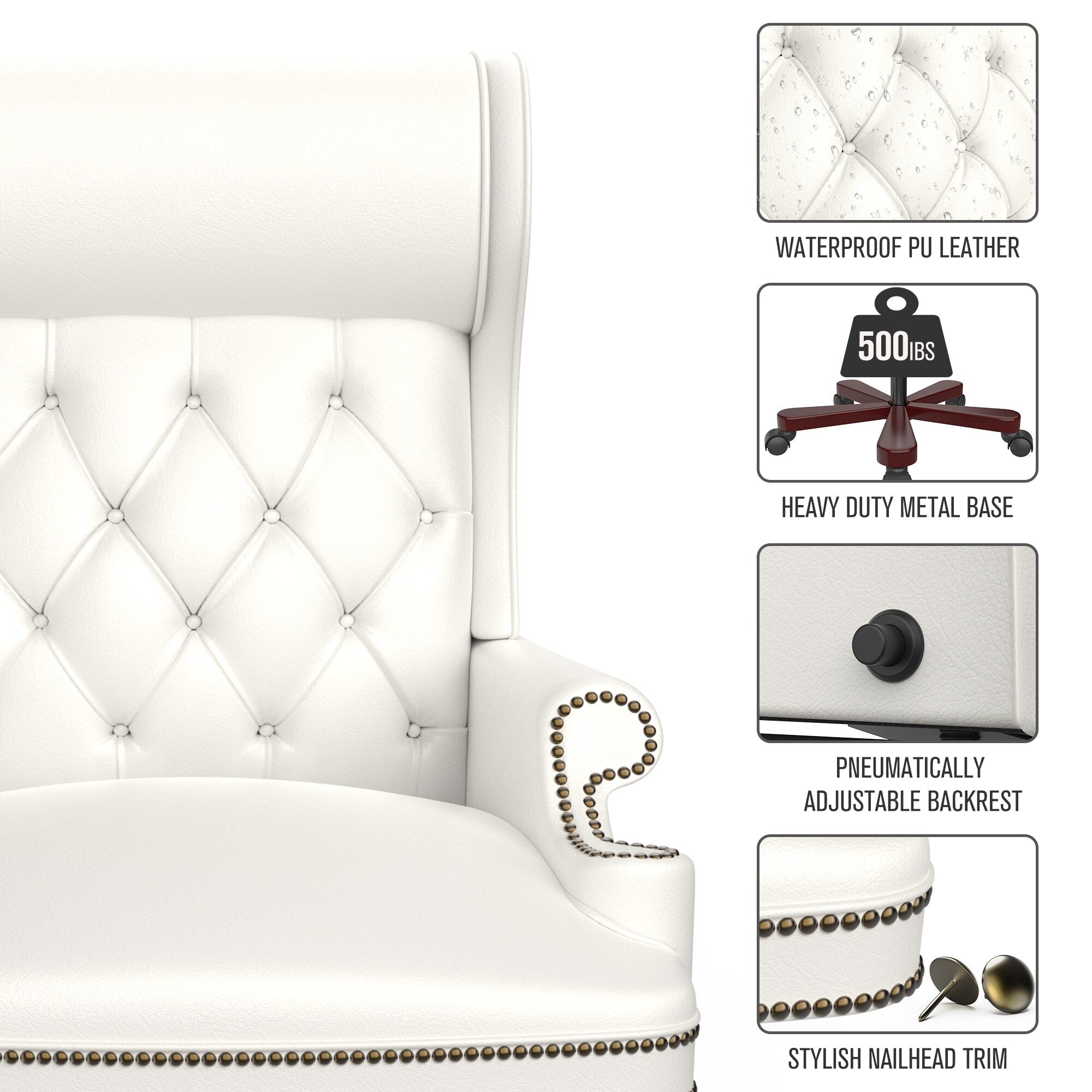 Fauteuil de bureau pivotant ergonomique en cuir synthétique blanc avec repose-pieds, dossier capitonné et décoration cloutée