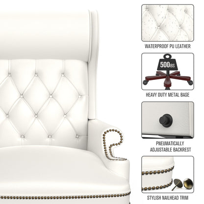 Fauteuil de bureau pivotant ergonomique en cuir synthétique blanc avec repose-pieds, dossier capitonné et décoration cloutée