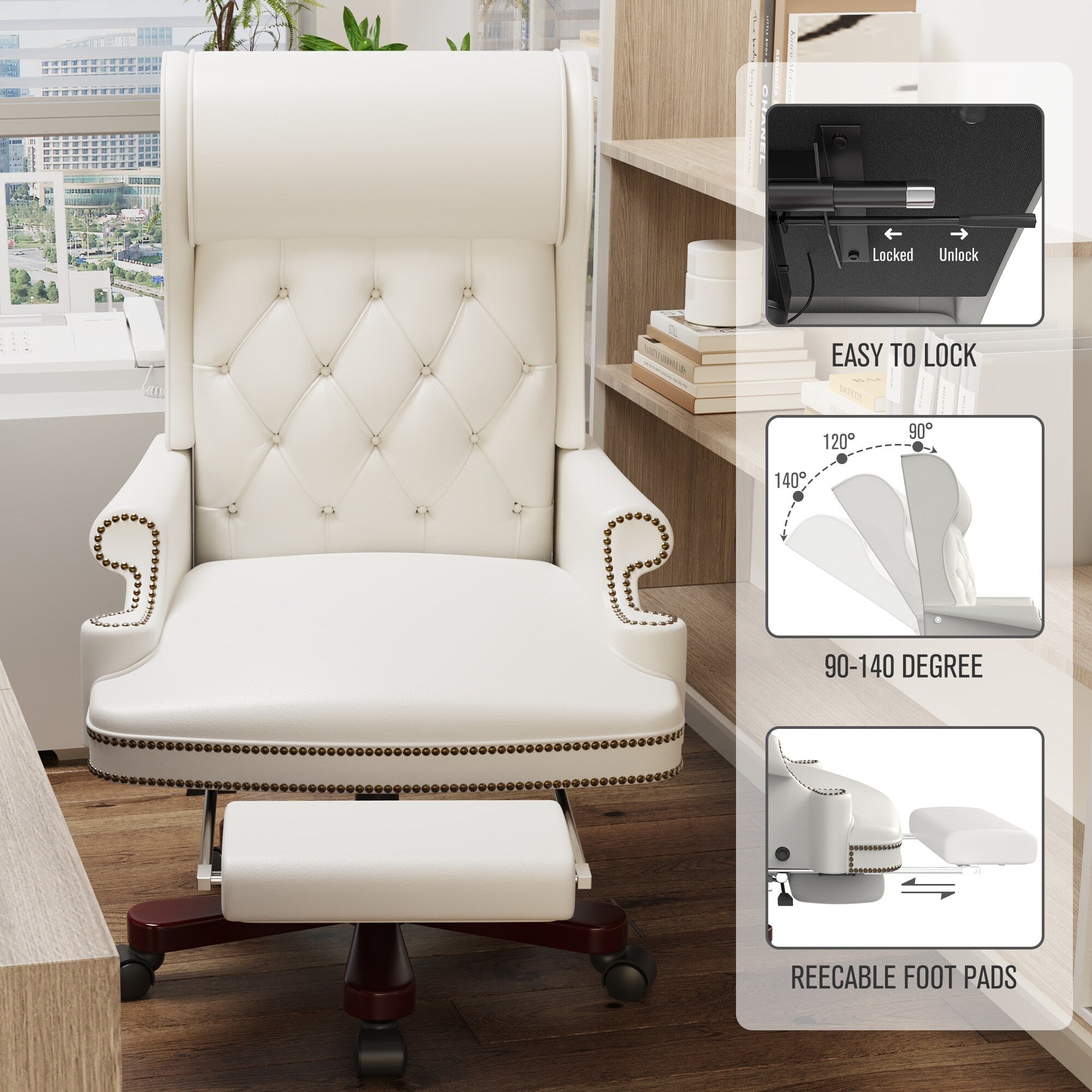 Fauteuil de bureau pivotant ergonomique en cuir synthétique blanc avec repose-pieds, dossier capitonné et décoration cloutée