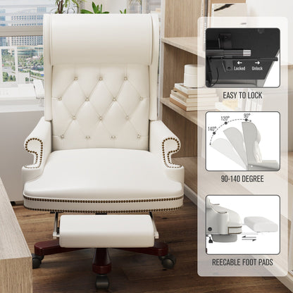 Fauteuil de bureau pivotant ergonomique en cuir synthétique blanc avec repose-pieds, dossier capitonné et décoration cloutée