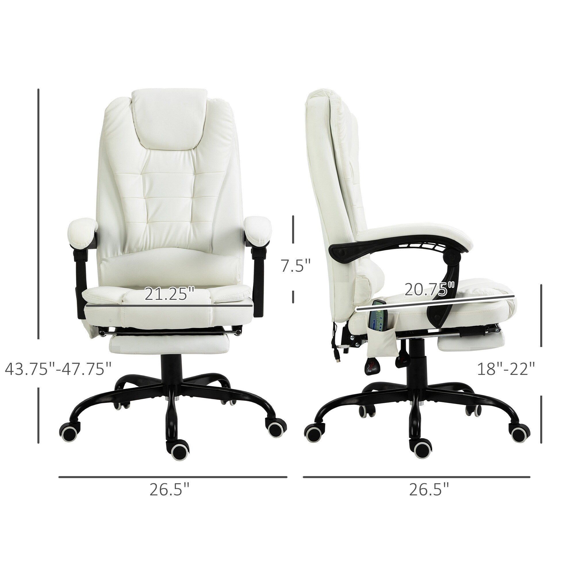 Chaise de bureau en cuir PU blanc avec massage vibrant à 7 points, dossier haut, inclinaison réglable, soutien lombaire et repose-pieds