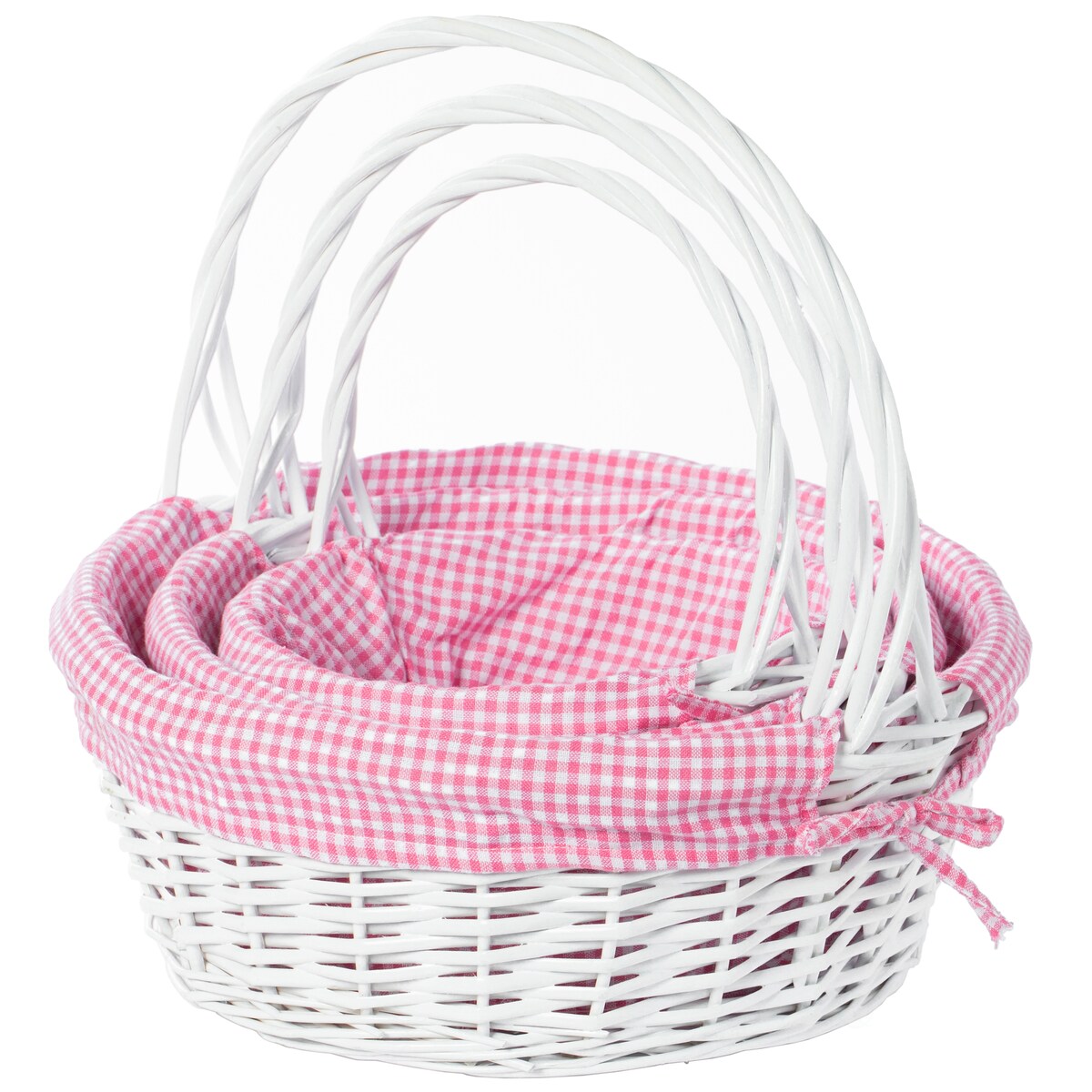 Panier-cadeau rond en osier blanc, avec doublure et poignée vichy