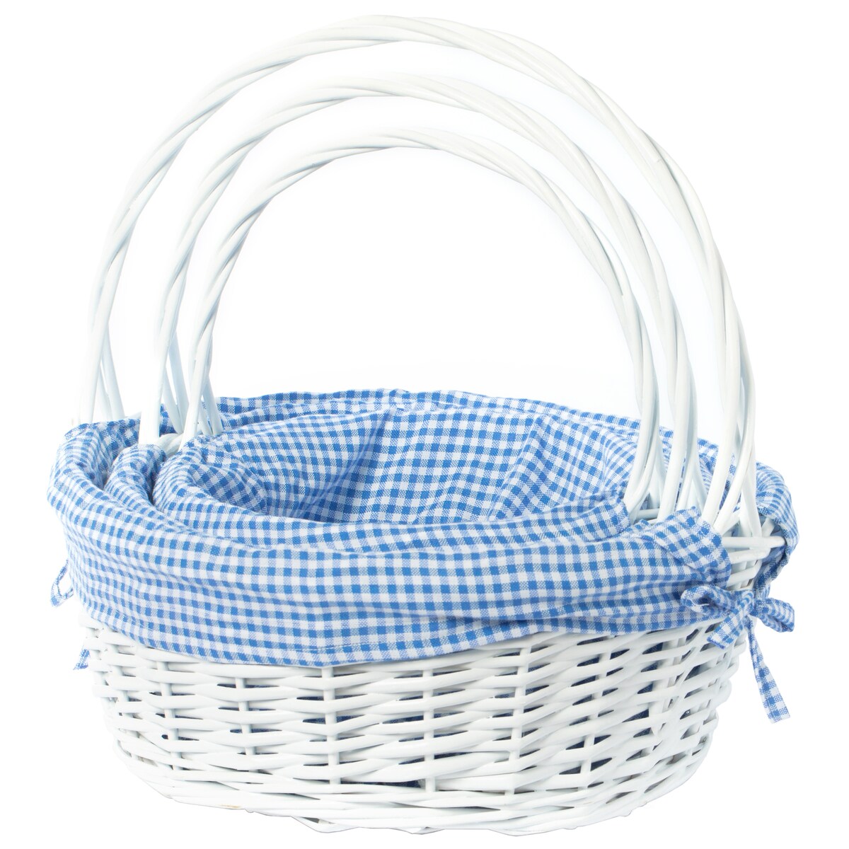 Panier-cadeau rond en osier blanc, avec doublure et poignée vichy